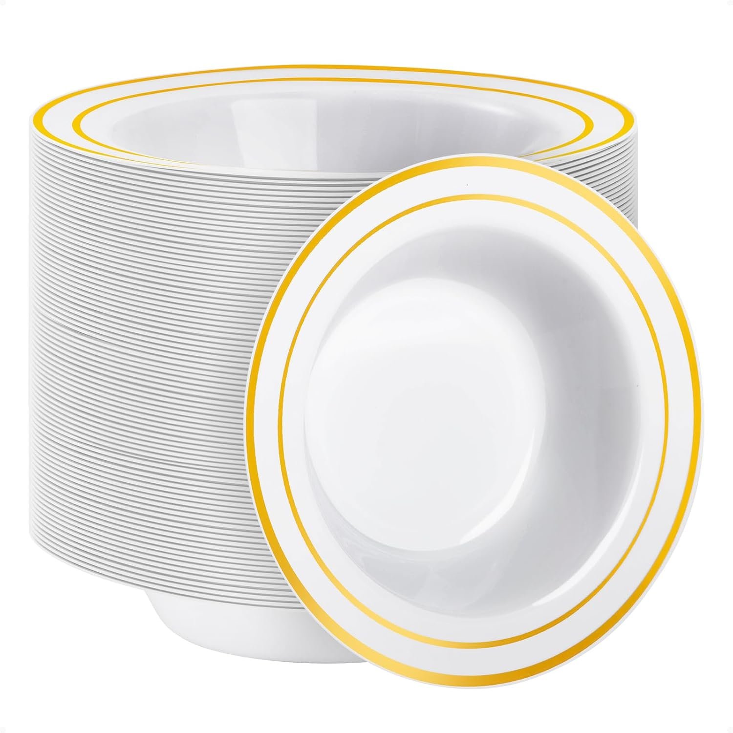 100 Pack Plastic Bowls with Gold Rim, 12oz Disposable Soup Bowls, Heavy Duty Dessert Bowls for Weddings