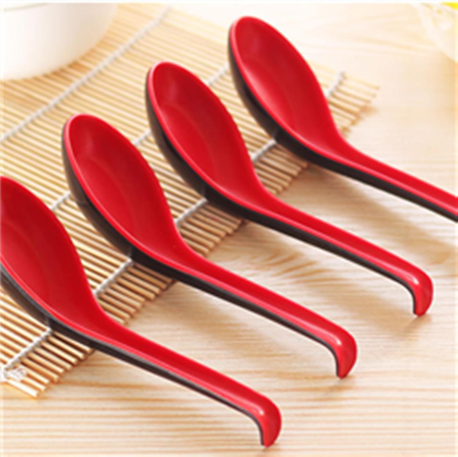 6Pcs Asian Soup Spoons Long Handle with Hook Red and Black - 图片 2