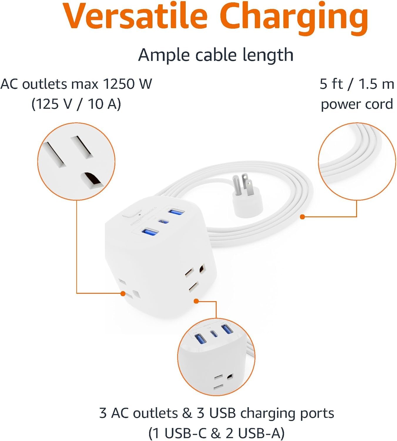 " 3 Outlet 3 USB Ports, 1 USB-C(15W) and 2 USB-A(12W), 5 ft Extension Cord, Home, Office, Travel, White " - 图片 3