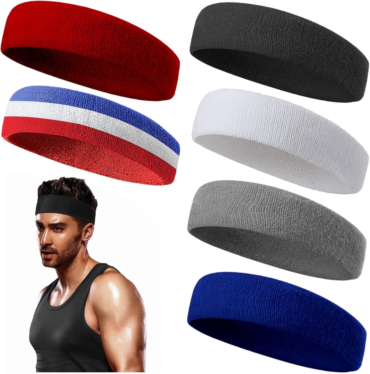 6PCS Moisture Wicking Headbands and Sweatbands for Men's Sports, Tennis, Basketball, Running
