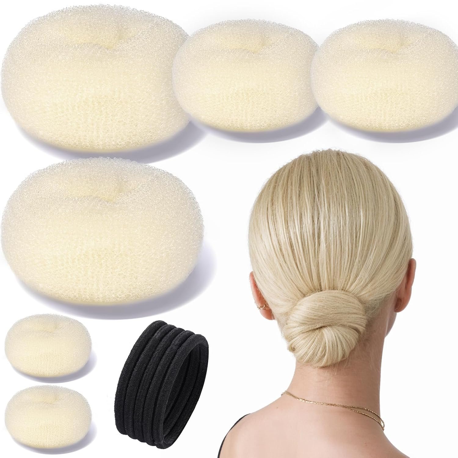 Hair Bun Shaper Set with Large, Medium, Small Hair Donuts For Buns, Hair Accessories For Girls, 5 Elastic Bands, Beige "