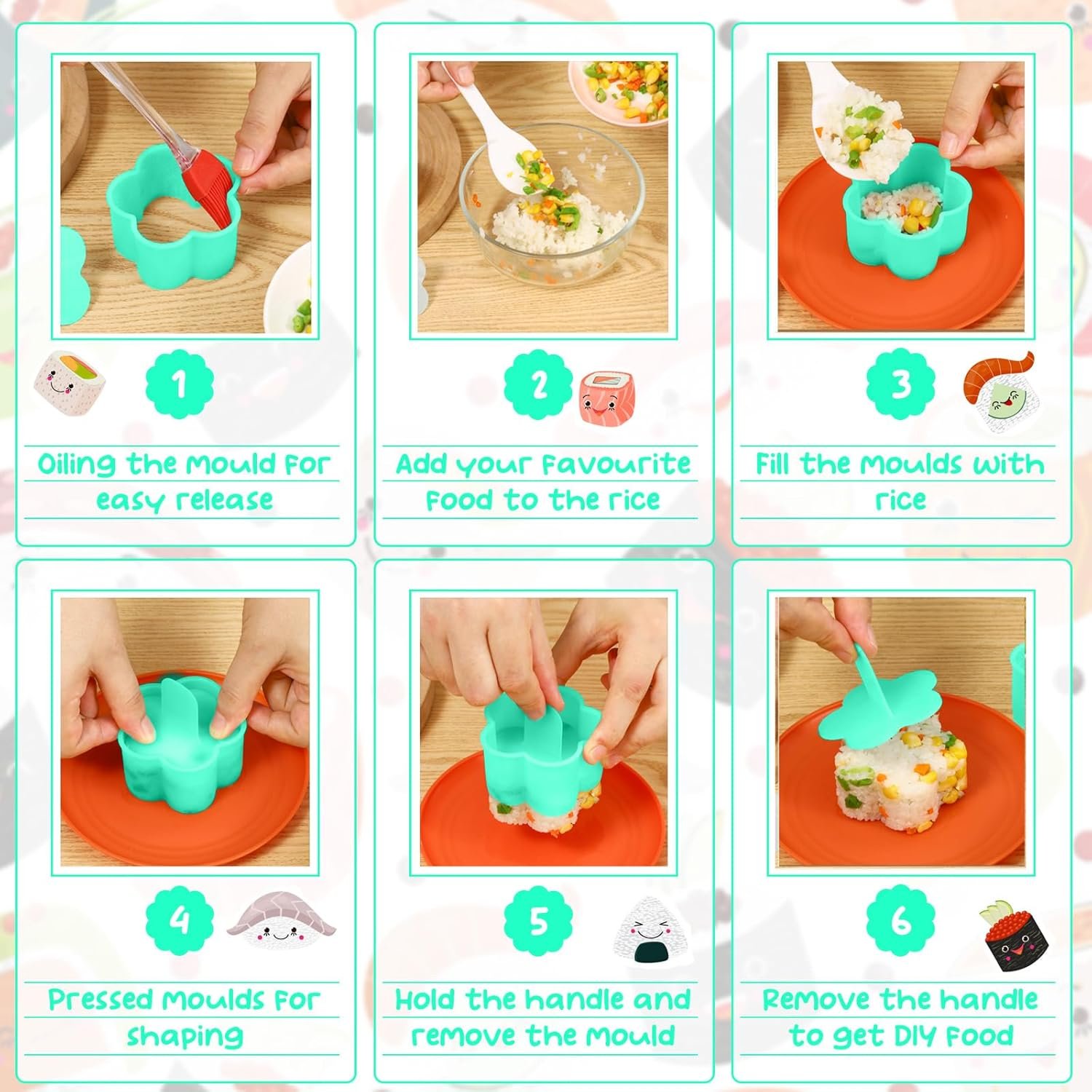 Onigiri Maker, 8 Pcs Sushi Onigiri Musubi Maker Kit - Rice Ball Mold with Small Rice Paddle, Brush for Kitchen - 图片 2