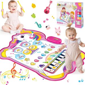 Unicorn Musical Mat for 1 2 3 Year Old Girls, 3 in 1 Piano Drum Mat Unicorn Gifts for 1-3 Year Old Girls, Toddler Toys 1st Birthday Presents for Kids Early Educational Music Toys