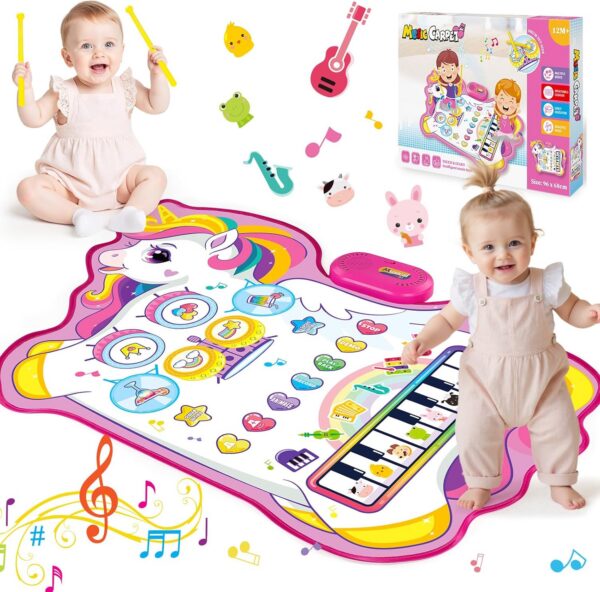 Unicorn Musical Mat for 1 2 3 Year Old Girls, 3 in 1 Piano Drum Mat Unicorn Gifts for 1-3 Year Old Girls, Toddler Toys 1st Birthday Presents for Kids Early Educational Music Toys
