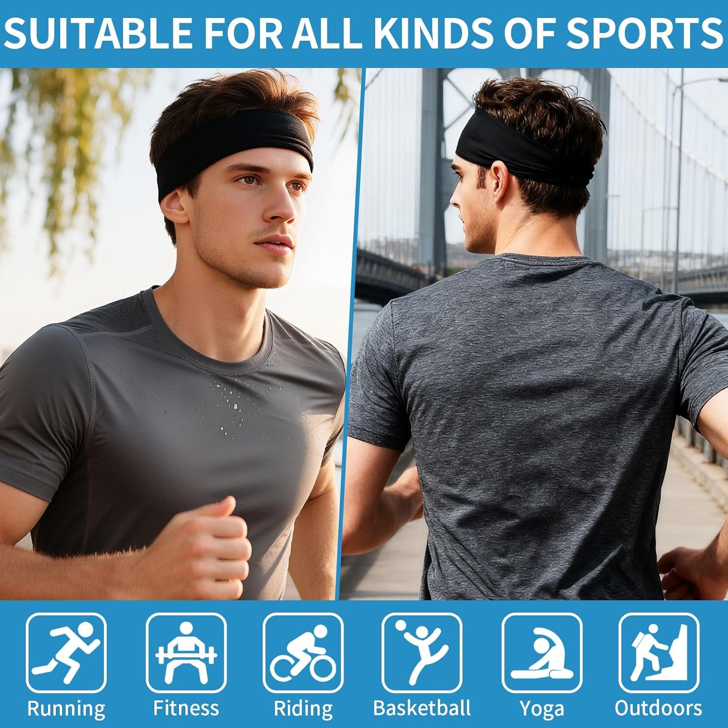 Mens Sweatband Bands Workout Moisture Wicking Headband for Running - 图片 2