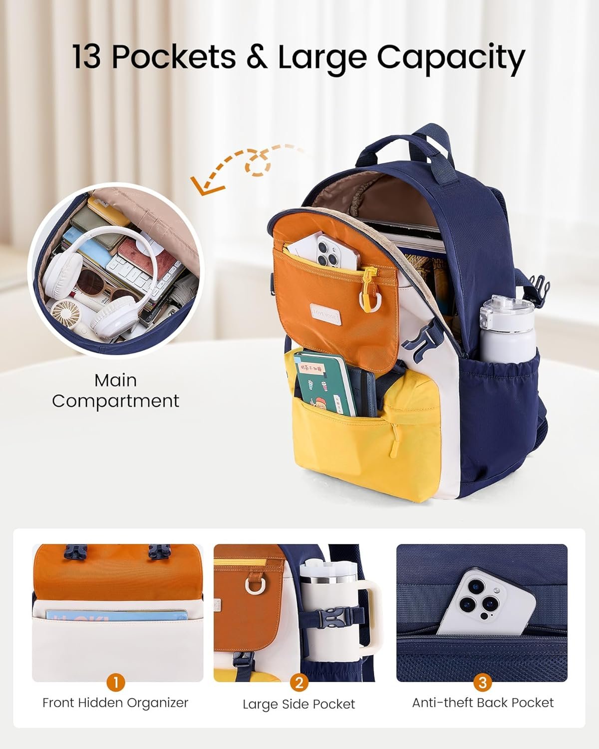School Backpack for Girls with Large Tumbler Holder Pockets, Student Cute Bookbag 15.6 inch Laptop Daypack - 图片 2