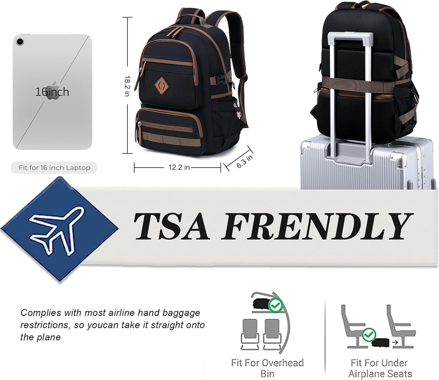 College Bookbags Women Men Anti Theft Travel Backpacks Large Elementary Middle High School Bags for Kids Teens Girls Boys Students Adults Causal Daypack-Black - 图片 5