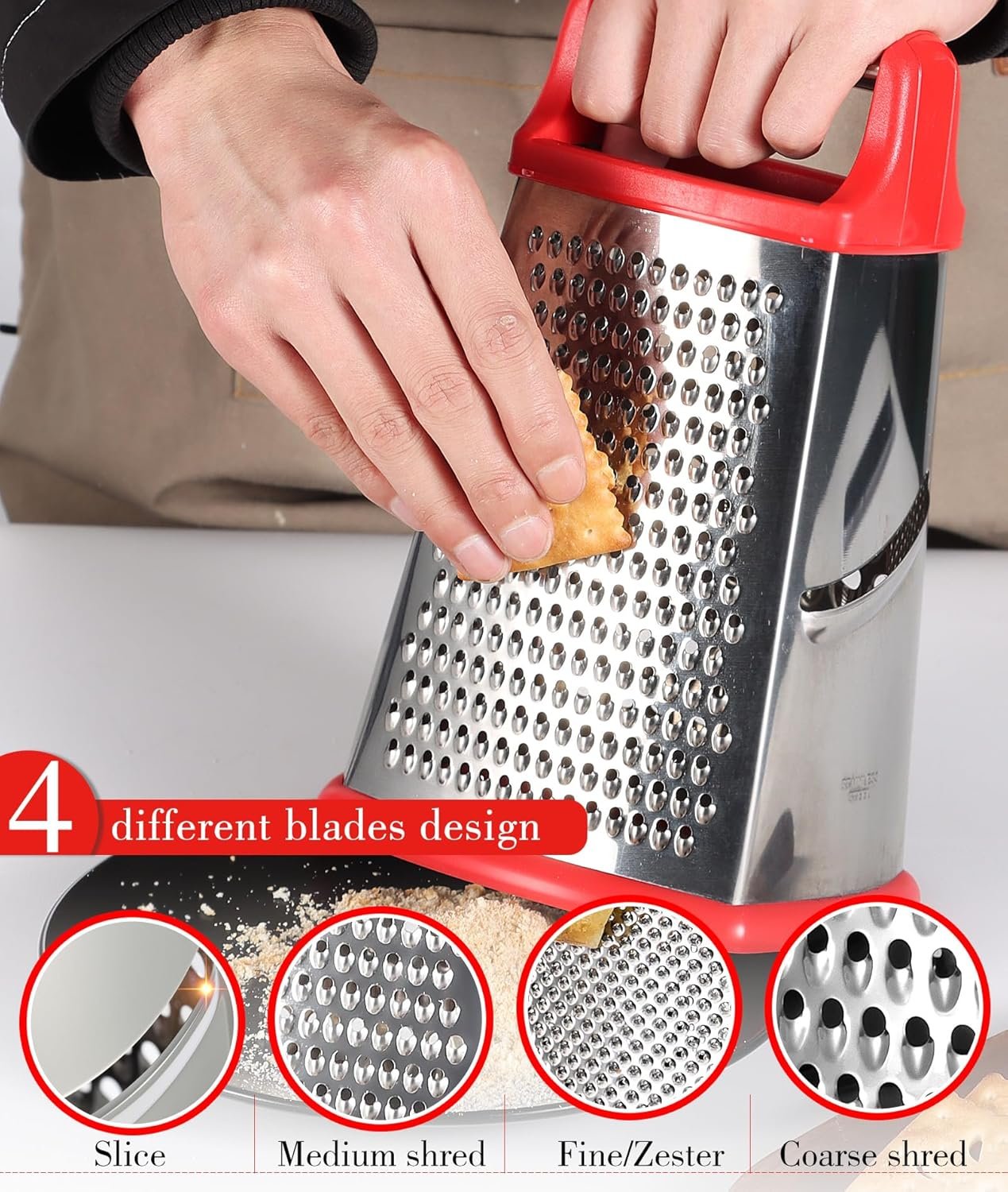 Stainless Steel Box Grater, 4 Side Kitchen Vegetable Shredder Slicer Zester with Container for Parmesan, Cabbage, Ginger - 图片 2