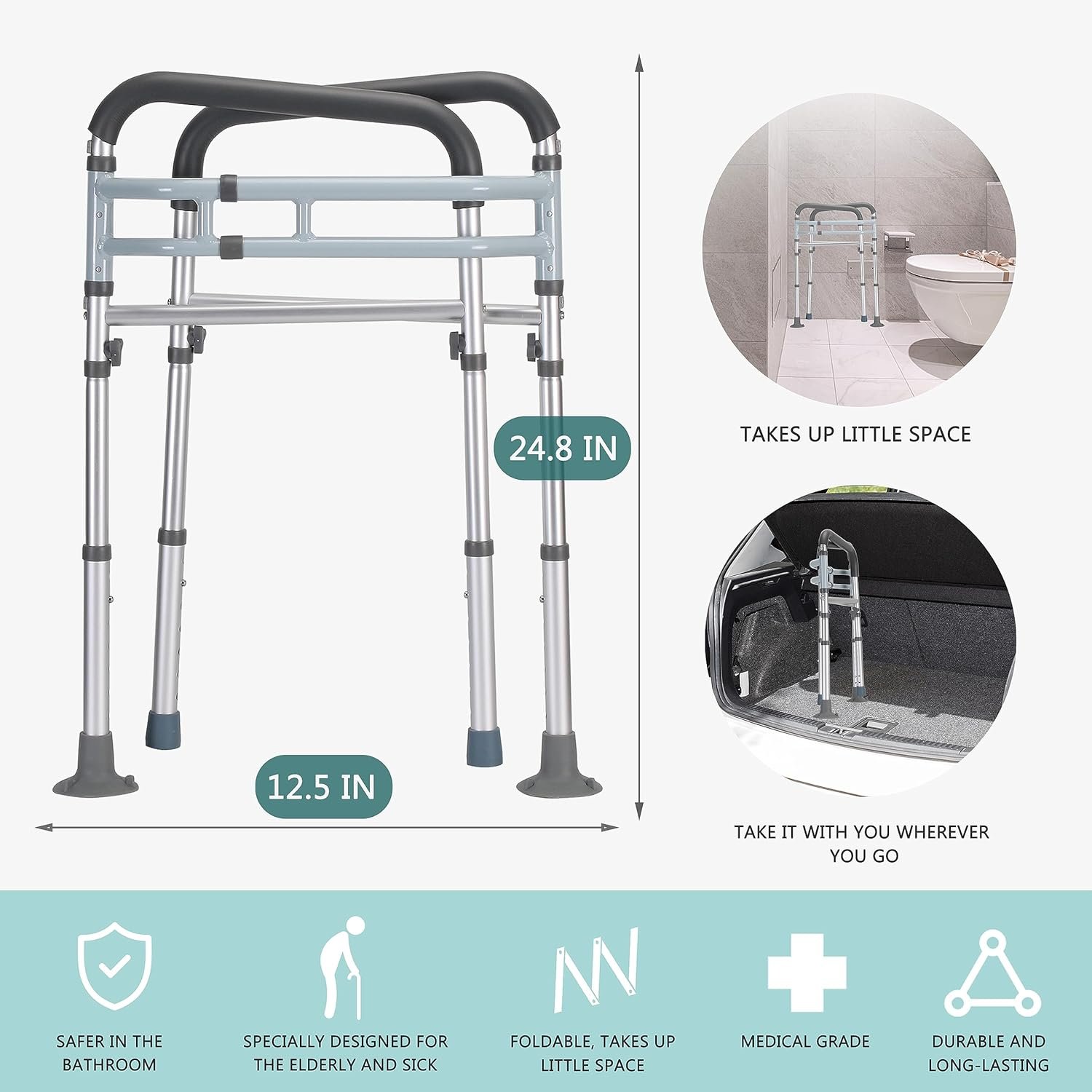 Toilet Safety Rails, Adjustable Toilet Frame for Elderly, Seniors, Handicap & Disabled, Foldable Handicap Toilet Handles Fit Any Toilets - 图片 3