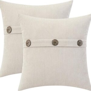 Beige Chenille Throw Pillow Covers 16x16 Inch with Triple Buttons, Soft Farmhouse Accent Decorative Cushion Cases for Couch Sofa Bed Bedroom Pack of 2