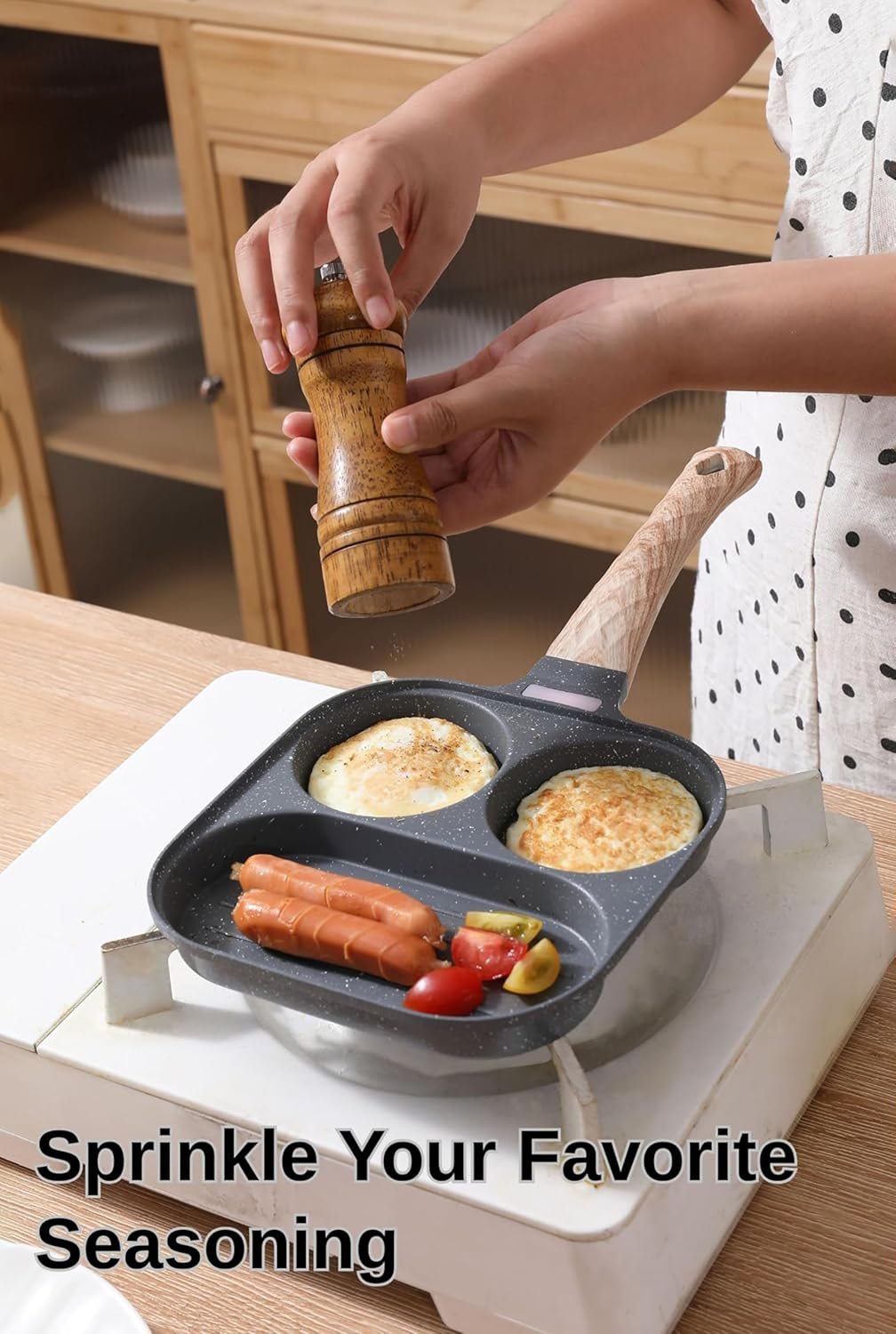 3-In-1 Divided Nonstick Egg Pan with Lid Breakfast Grill Pan Skillet Compatible with Gas Stove & Induction Cooktops - 图片 3