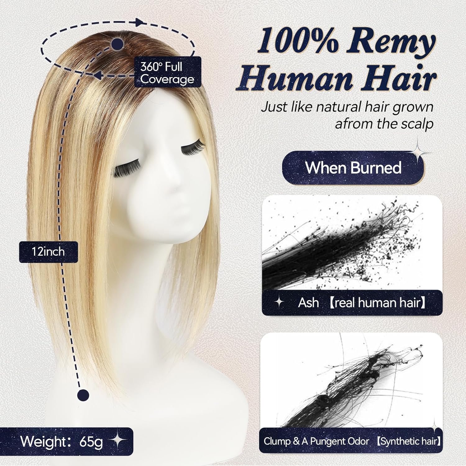 Real HumanHair Toppers for Women with Thinning,65g Hand-moven Topper - 图片 5