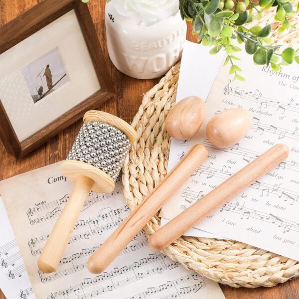 Nuanchu 5 Pcs Wooden Hand Percussion Instrument Set Mini Wooden Cabasa with Stainless Steel Breads Musical Latin Instrument Classical Wood Percussion Claves Rhythm Sticks Egg Shakers for Adult - 图片 3