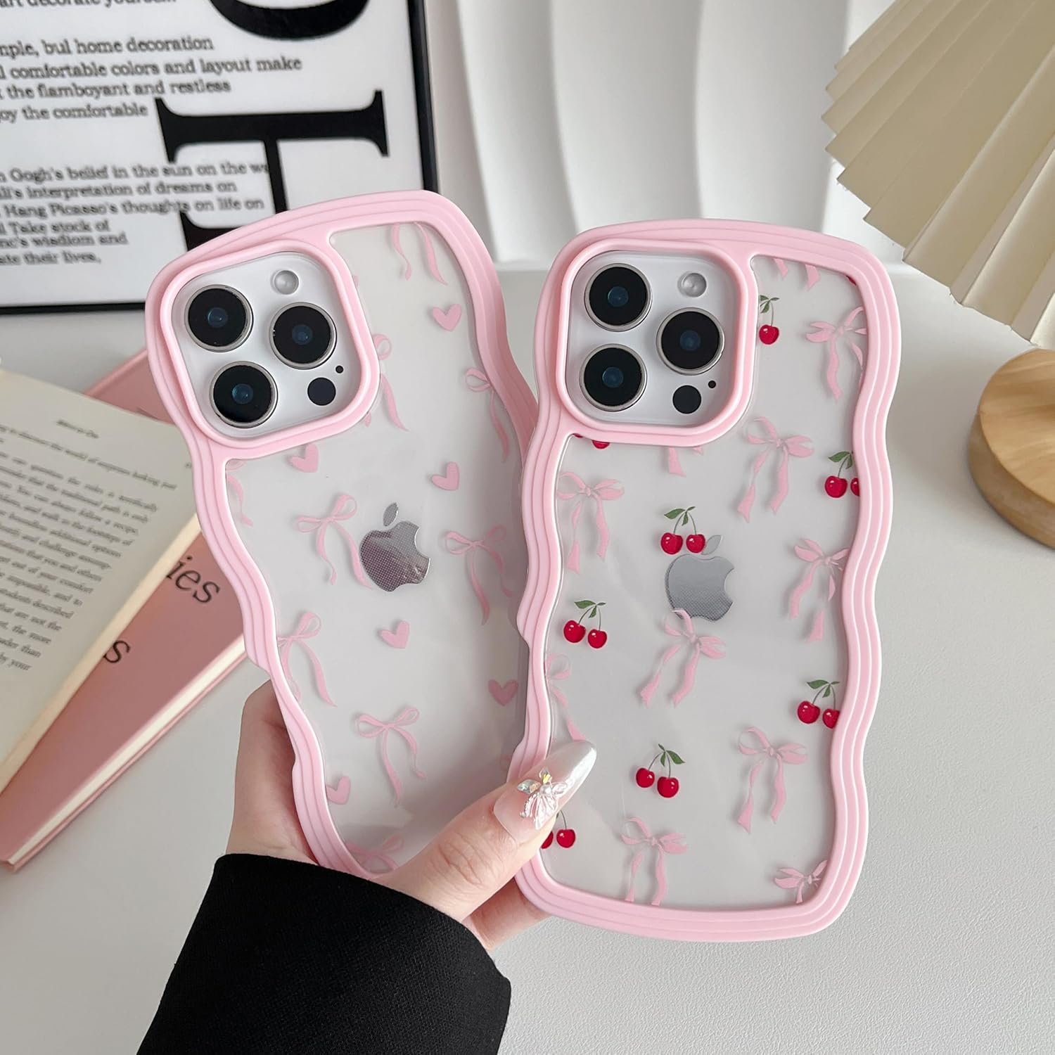 Cute Curly Wave Frame Shape Case with Heart Ribbon Bow Pattern, Clear Slim Shockproof Hard PC Bumper Phone Cover for Women Girls - 图片 3