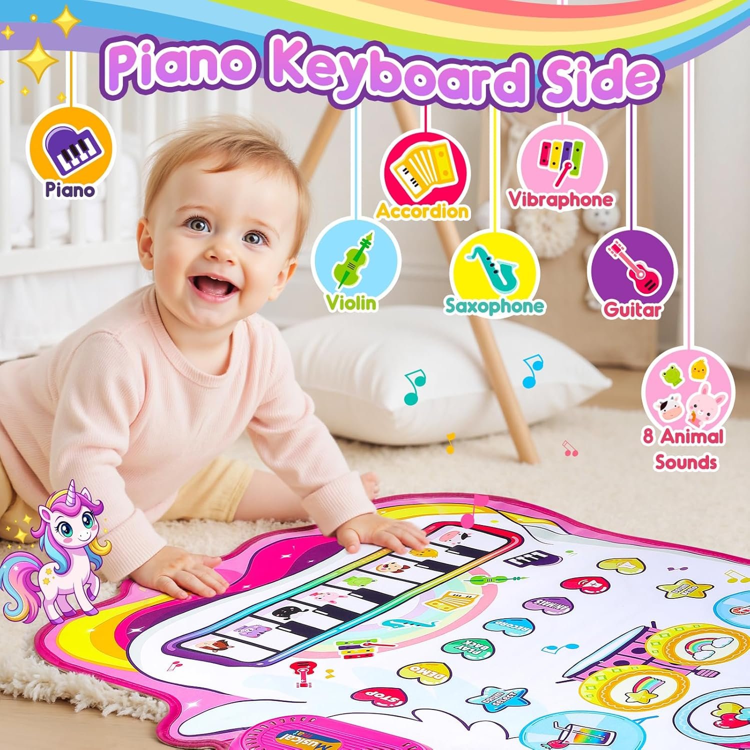 "Unicorn Musical Mat for 1 2 3 Year Old Girls, 3 in 1 Piano Drum Mat Unicorn Gifts for 1-3 Year Old Girls, Toddler Toys 1st Birthday Presents for Kids Early Educational Music Toys " - 图片 3