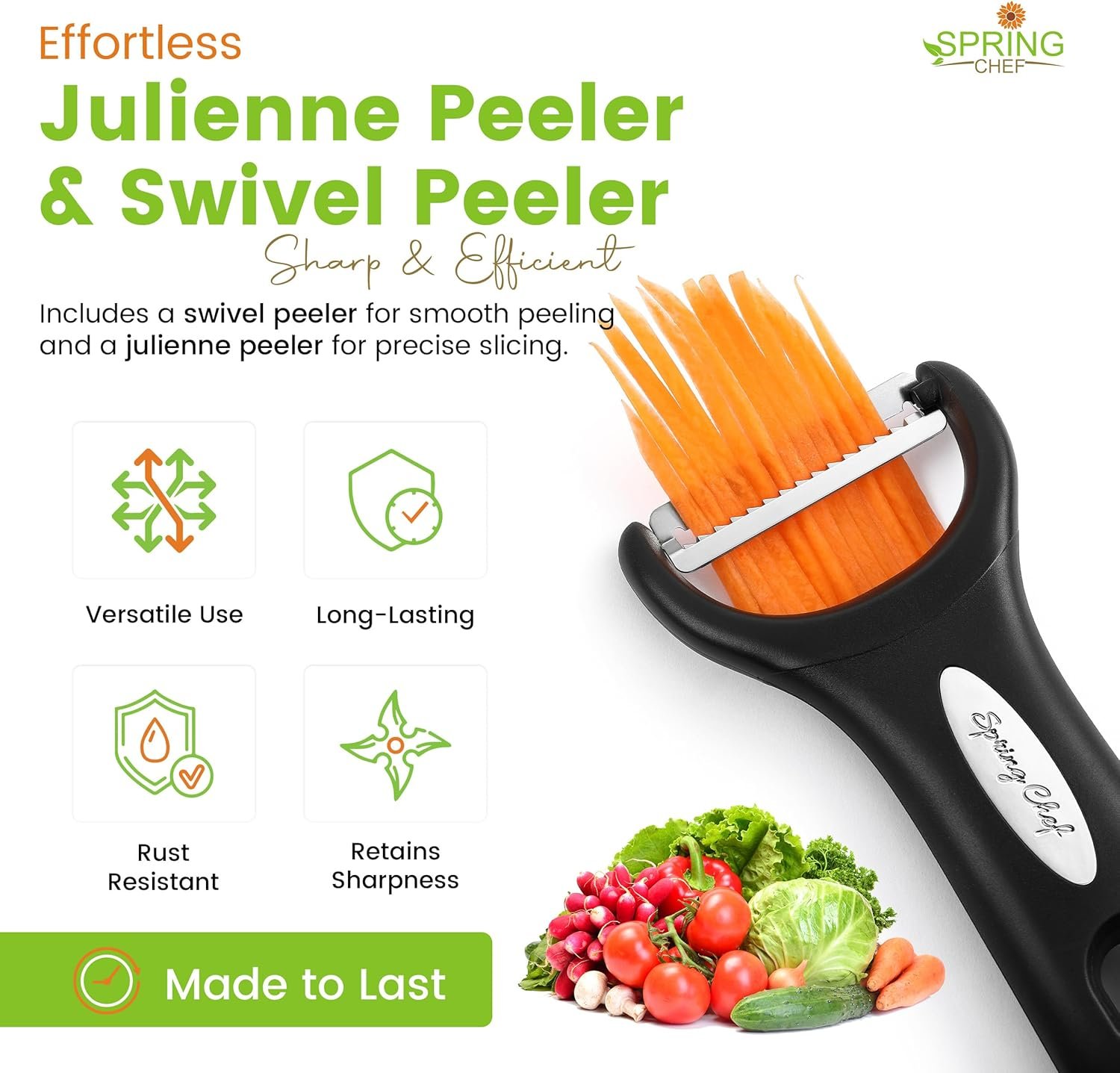 Spring Chef Swivel & Vegetable Julienne Peeler Set for Kitchen with Stainless Steel Sharp Blades - 图片 4