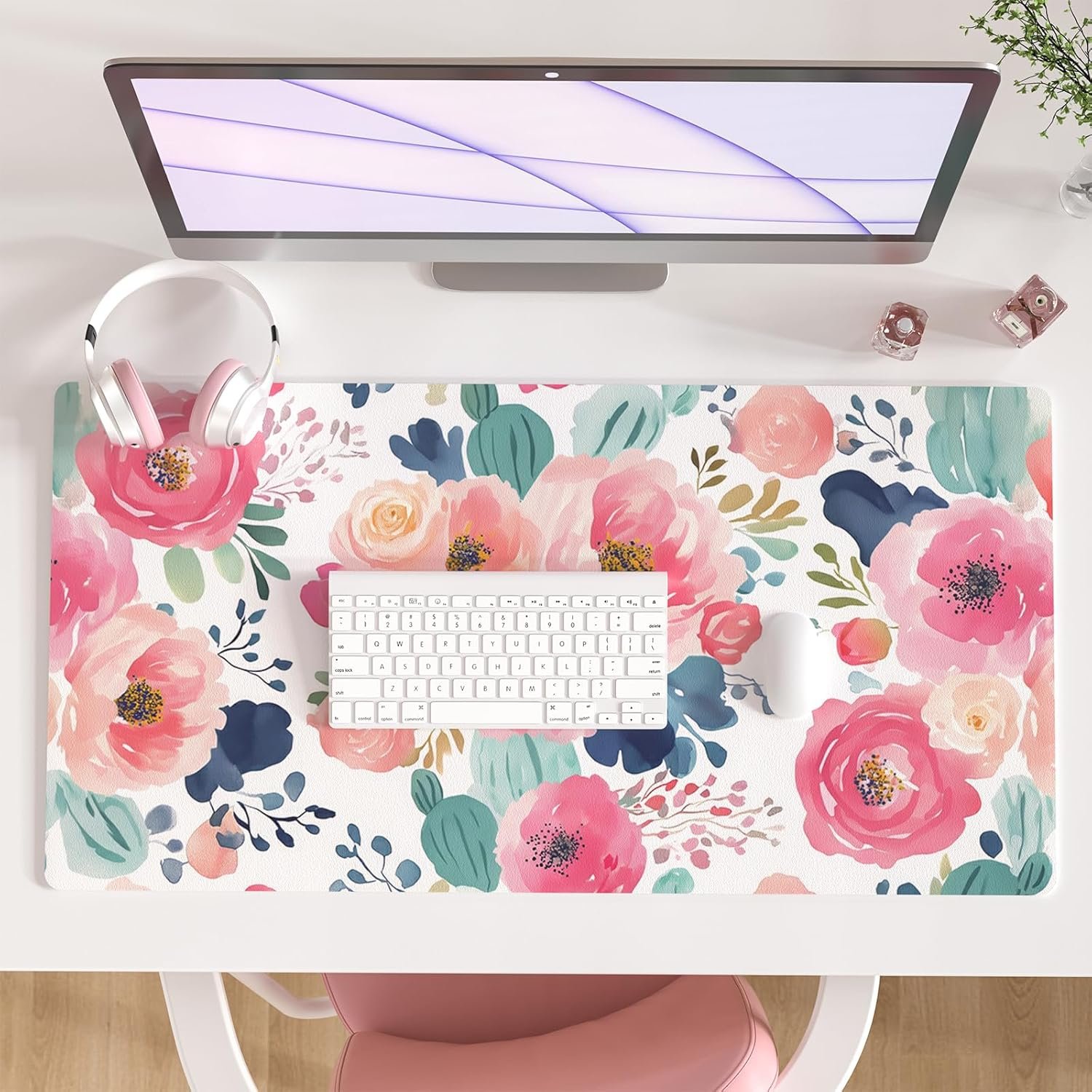 Colorful Star Large Mouse Pad, Pink Floral Desk Mat for Desktop