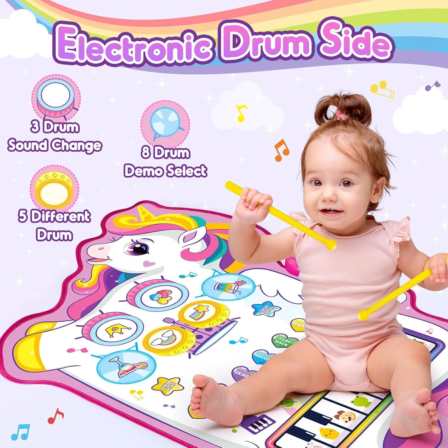 "Unicorn Musical Mat for 1 2 3 Year Old Girls, 3 in 1 Piano Drum Mat Unicorn Gifts for 1-3 Year Old Girls, Toddler Toys 1st Birthday Presents for Kids Early Educational Music Toys " - 图片 2