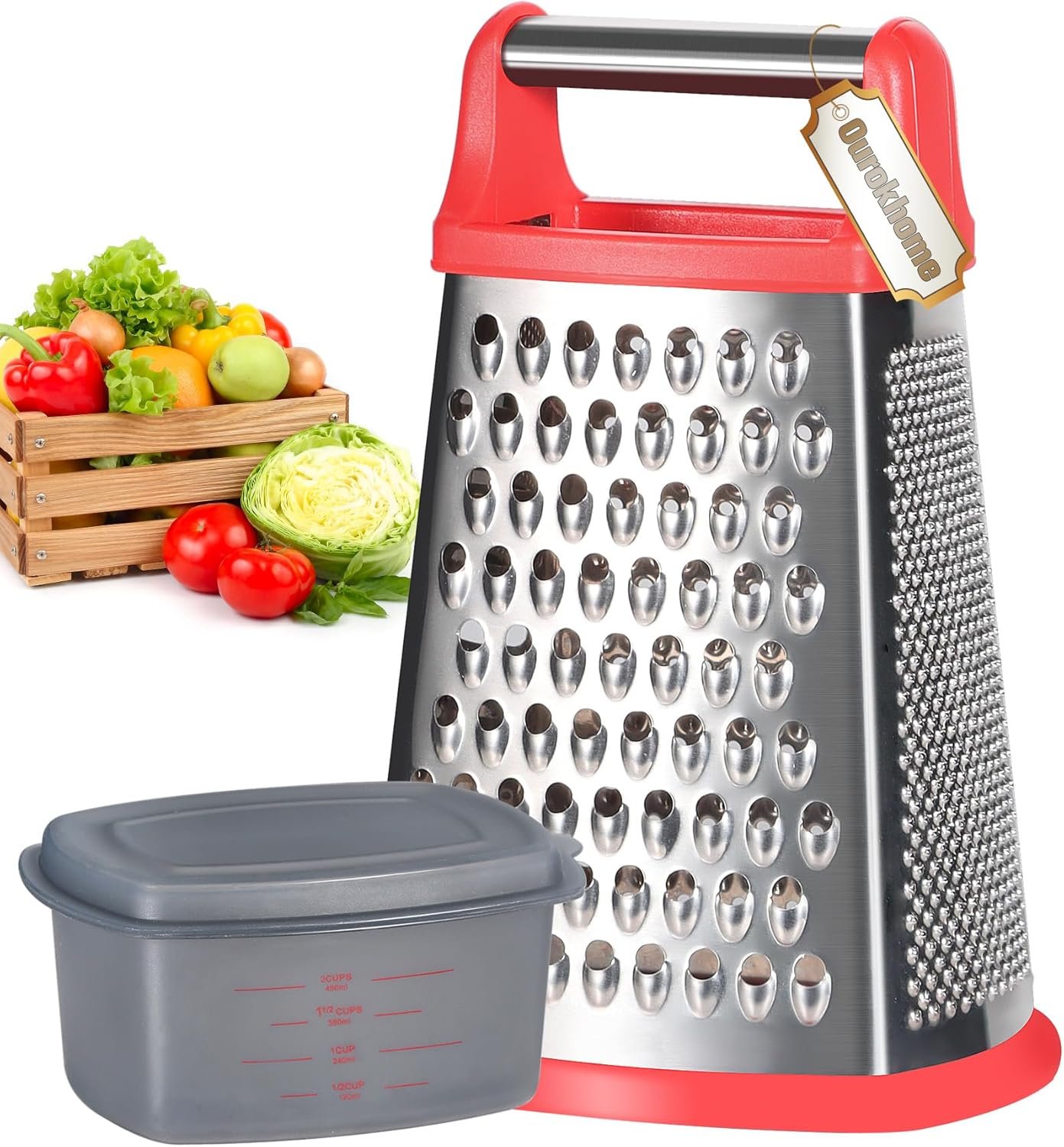 Stainless Steel Box Grater, 4 Side Kitchen Vegetable Shredder Slicer Zester with Container for Parmesan, Cabbage, Ginger