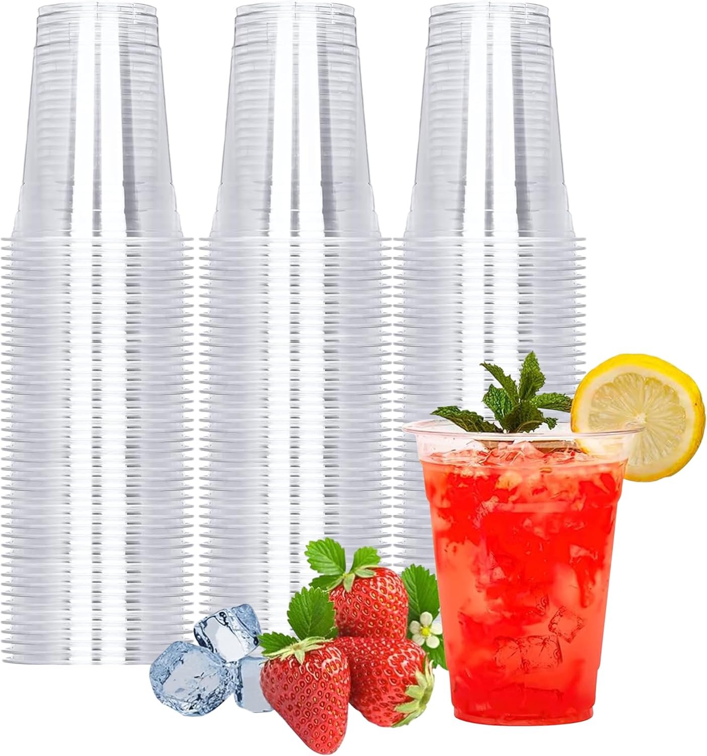 100 Count - 16 Ounce Plastic Cups, Ice Coffee Cups To Go - Crystal Clear PET Party Cups
