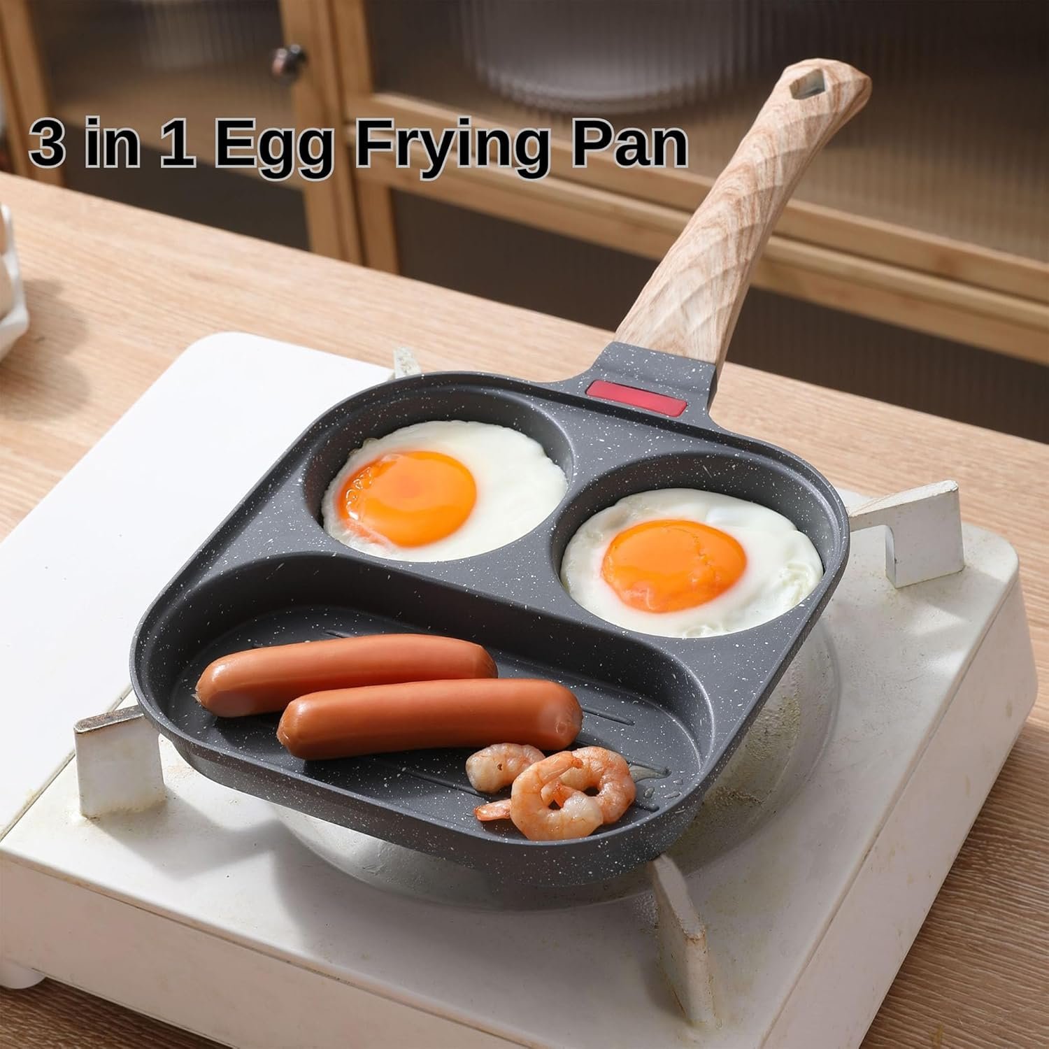 3-In-1 Divided Nonstick Egg Pan with Lid Breakfast Grill Pan Skillet Compatible with Gas Stove & Induction Cooktops - 图片 2