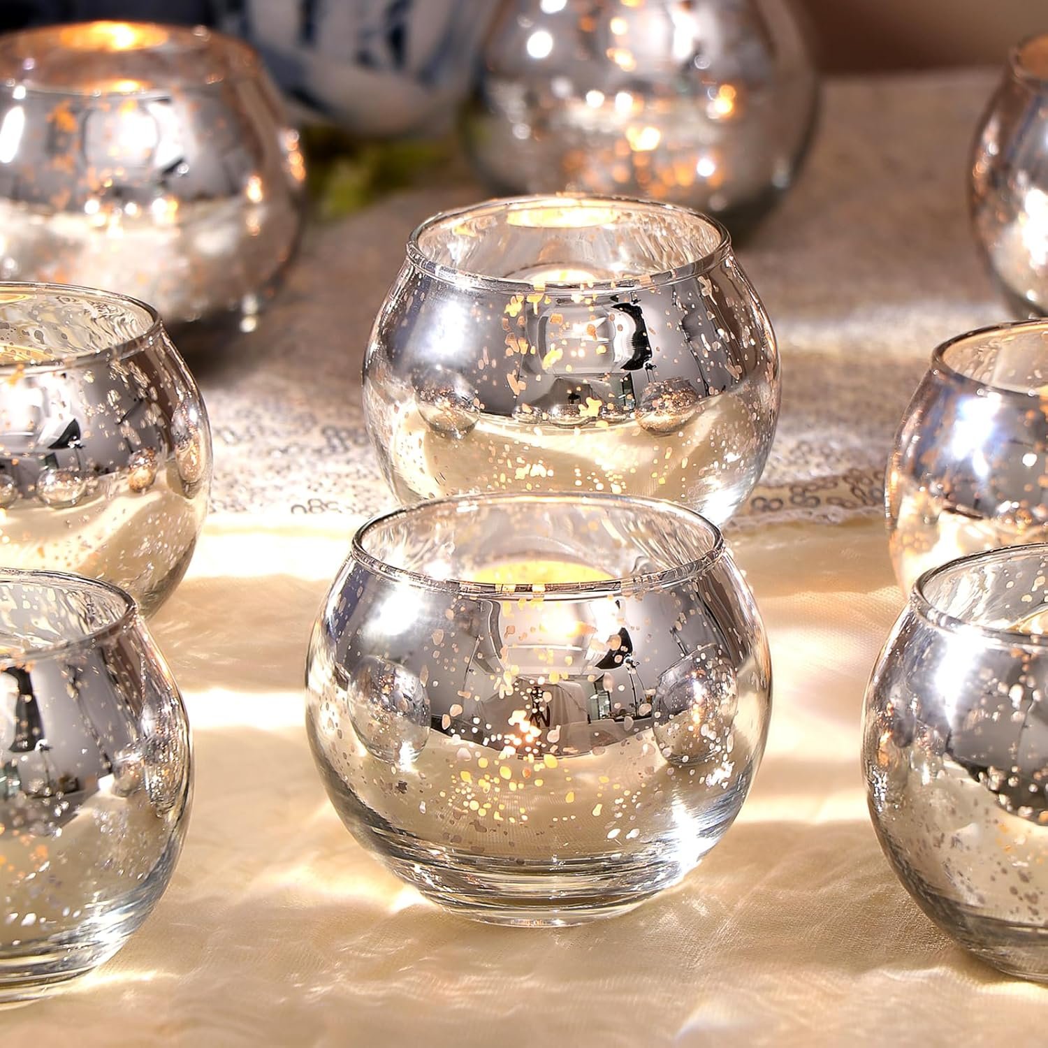 Candle Holders Set of 12 - Mercury Glass Votives Candle Holder - Christmas Tealight Candle Holder for Home Decor and Weddings/Parties Table Centerpieces