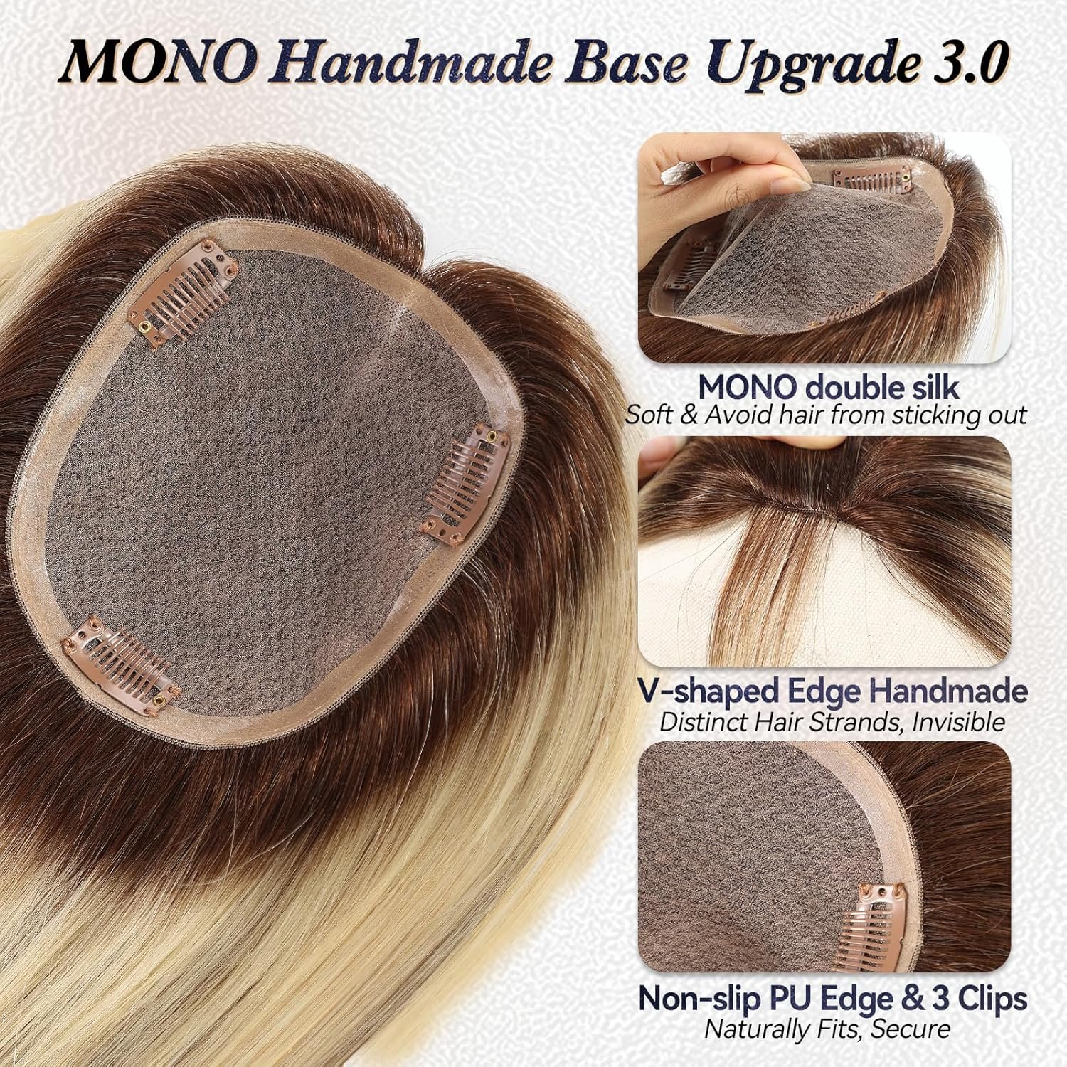 Real HumanHair Toppers for Women with Thinning,65g Hand-moven Topper - 图片 3