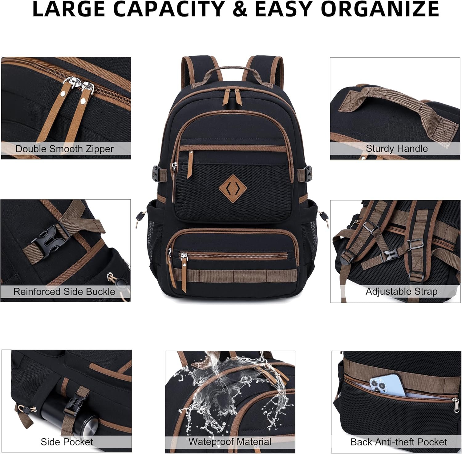 College Bookbags Women Men Anti Theft Travel Backpacks Large Elementary Middle High School Bags for Kids Teens Girls Boys Students Adults Causal Daypack-Black - 图片 4