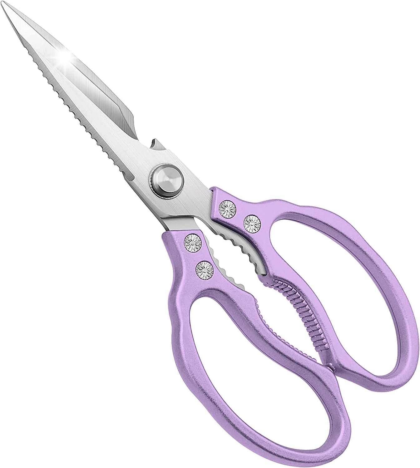 Ultra Sharp Stainless Steel Kitchen Shears Dishwasher Safe, Cooking Shears for Chicken, Poultry, Fish, Meat, Herbs & Grapes with Non-Slip Grips - Purple