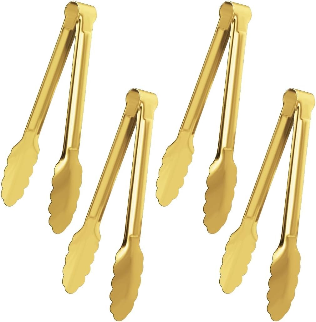 4 Pack Gold Serving Tongs XEVOM Buffet Tongs Serving Utensils Salad Tongs Stainless Steel Gold Plated Buffet Serving Tongs