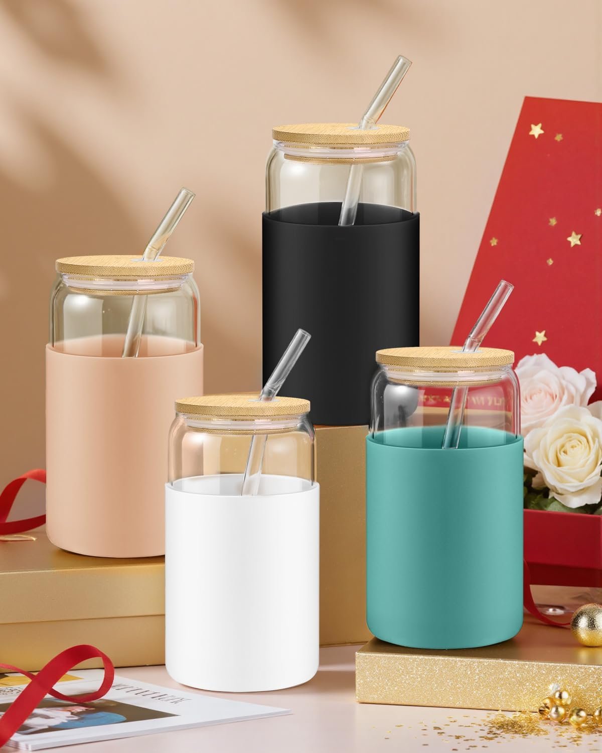 4 Pack 16OZ Iced Coffee Cups with Silicone Sleeve, Glass Tumbler with Straw and Bamboo Lid, Home Essential Drinking Set for Juice - 图片 4