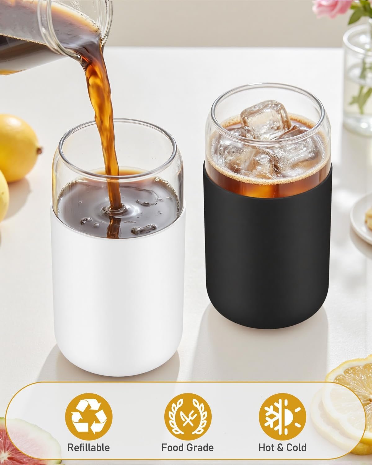 4 Pack 16OZ Iced Coffee Cups with Silicone Sleeve, Glass Tumbler with Straw and Bamboo Lid, Home Essential Drinking Set for Juice - 图片 3