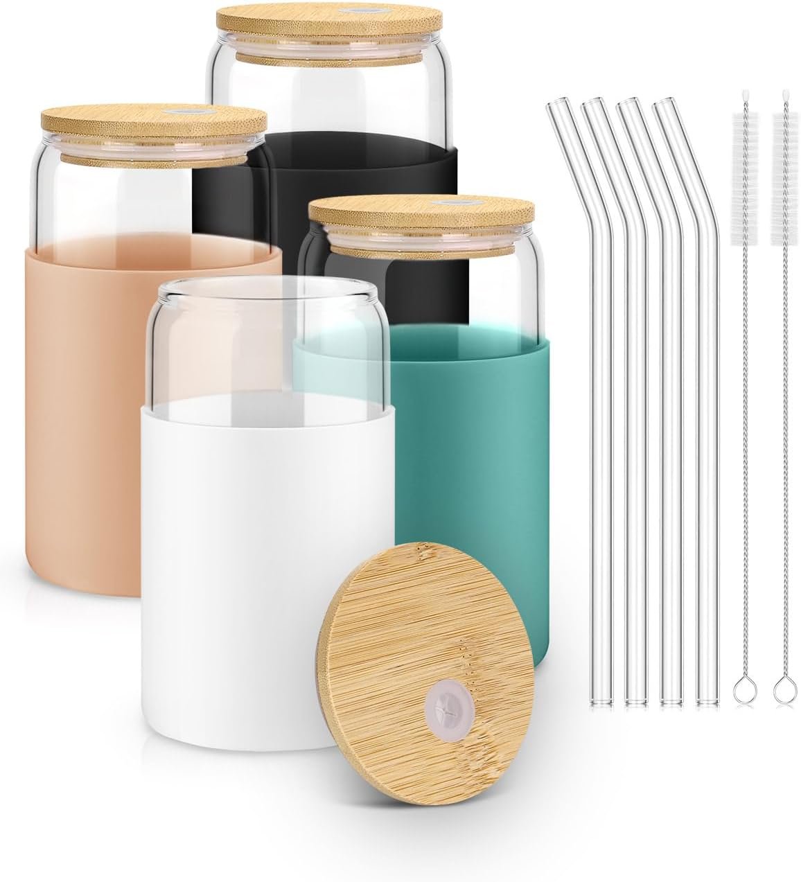 4 Pack 16OZ Iced Coffee Cups with Silicone Sleeve, Glass Tumbler with Straw and Bamboo Lid, Home Essential Drinking Set for Juice