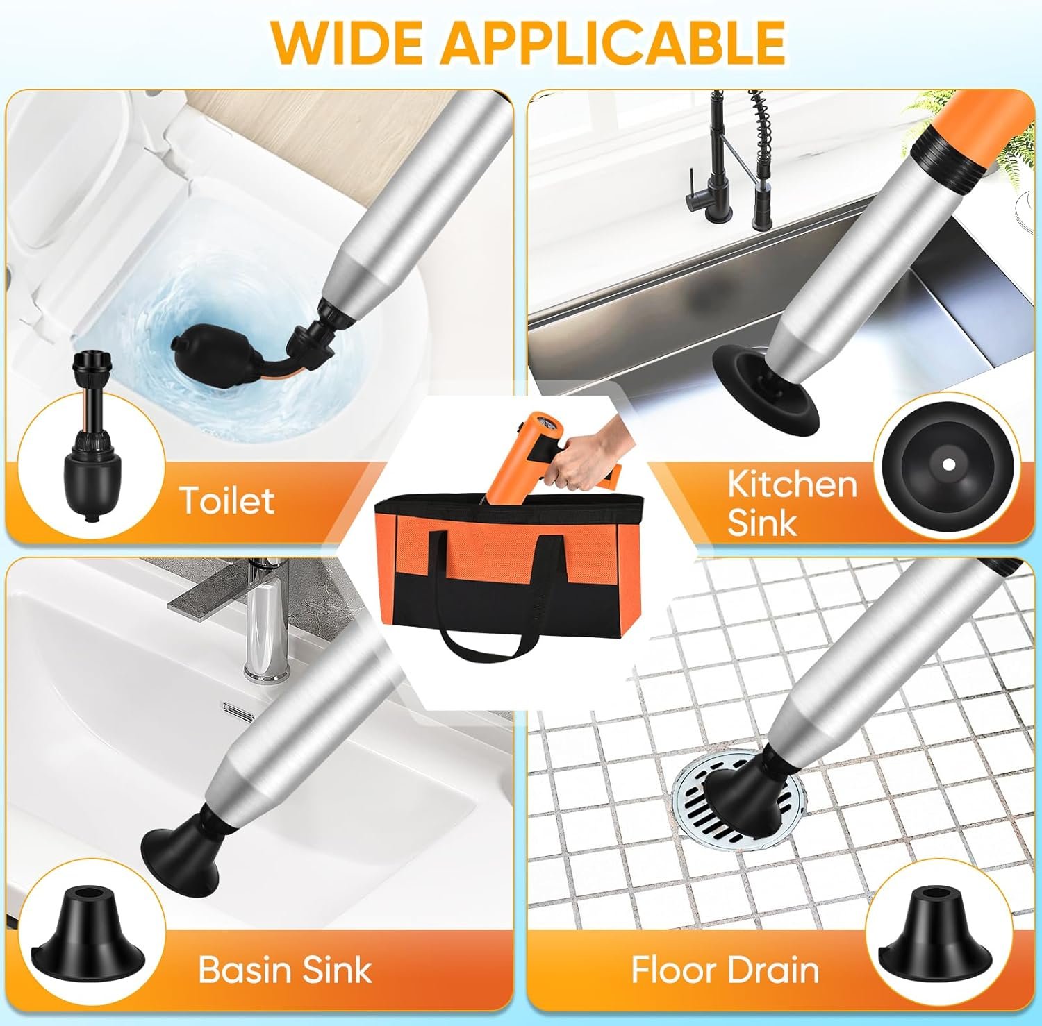 Splash-Free Unclogger with Drain Snake Auger, Plungers for Bathroom Heavy Duty, Versatile Air Blaster Unclogger Kit - 图片 3