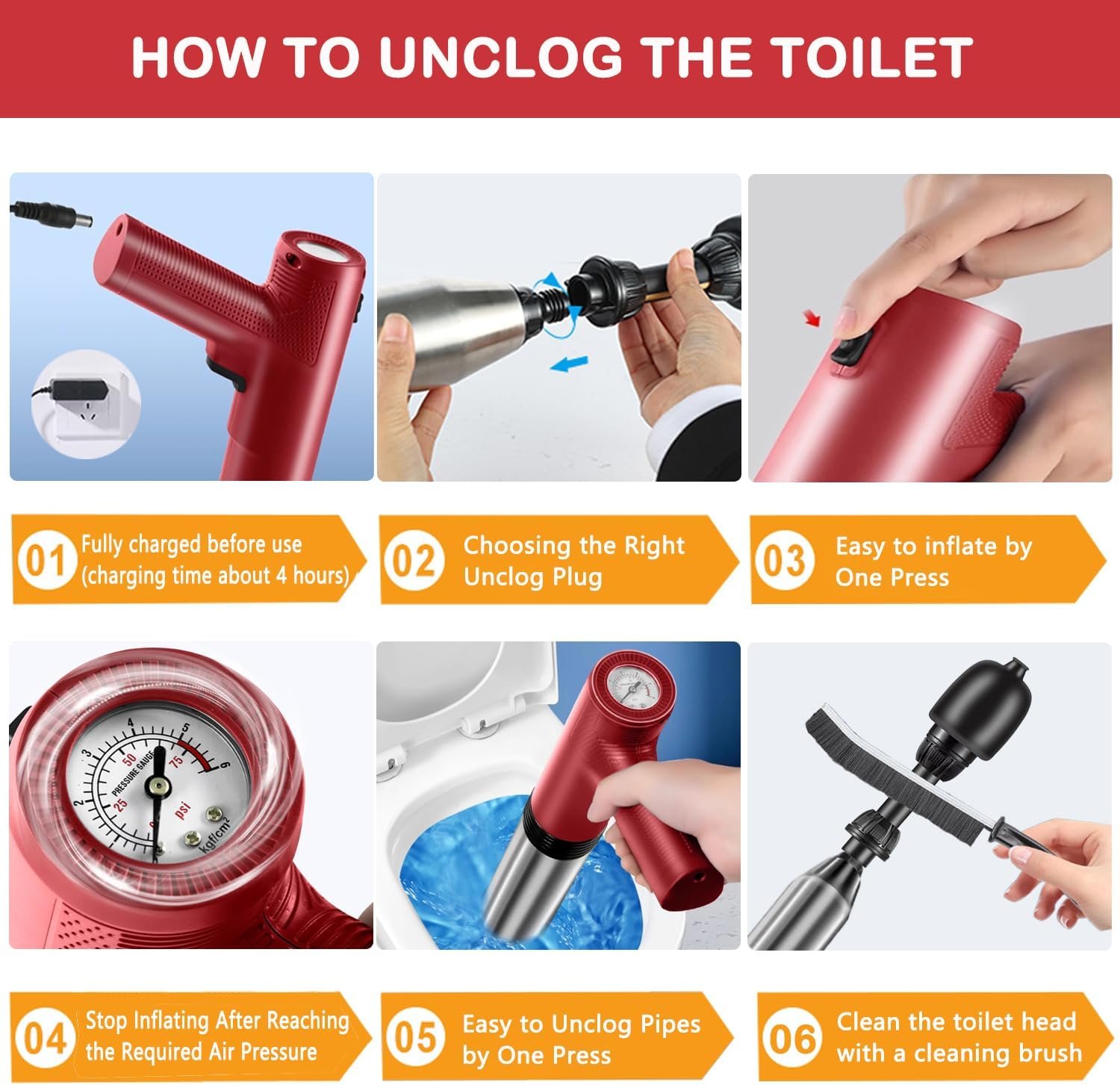 Electric Toilet Plungers For Bathroom Heavy Duty Drain Clog Remover Air Plunger High Pressure Toilet Unclogger Unclog Toilet Drain Unclogger Tool - 图片 4