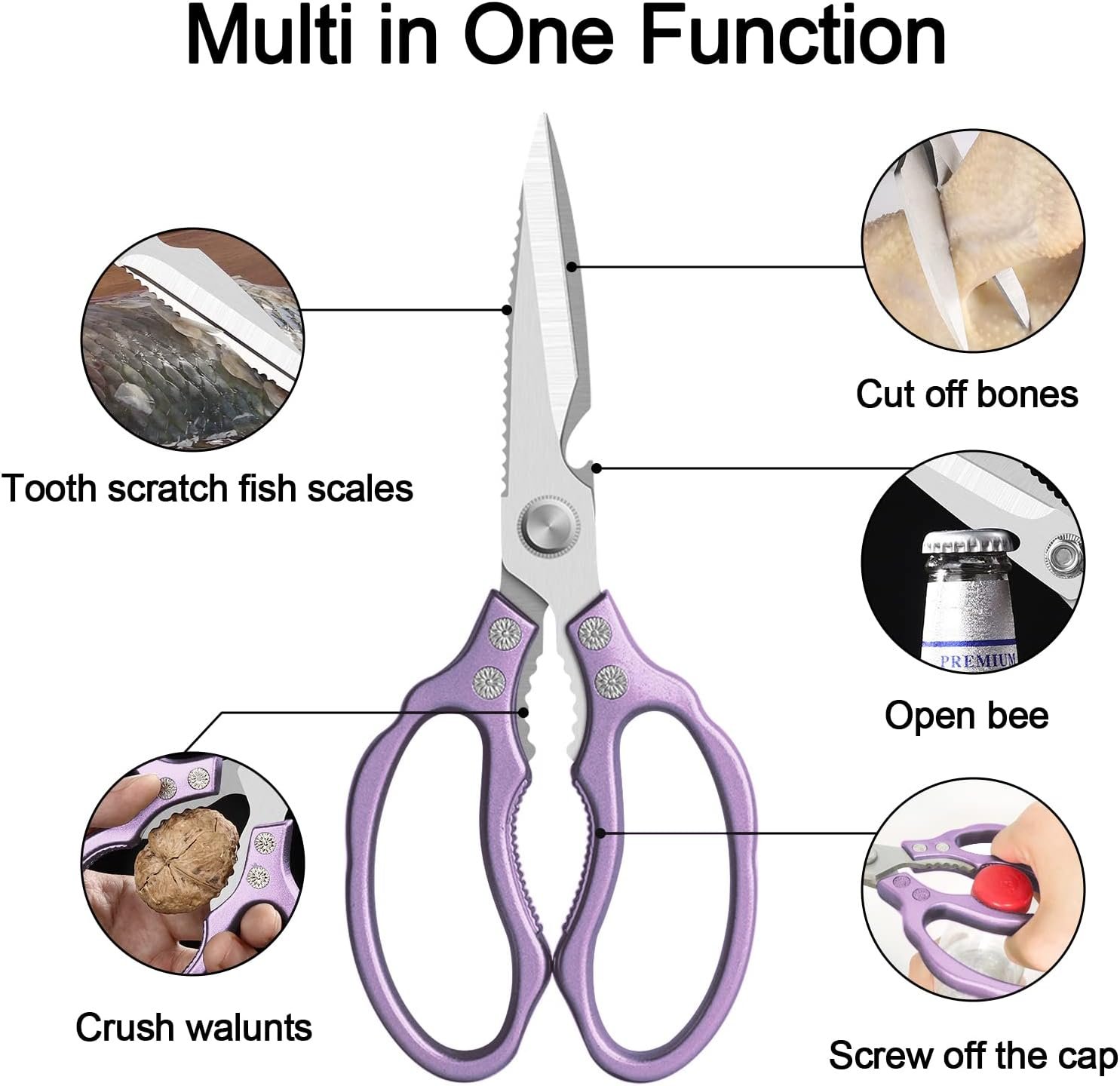 Ultra Sharp Stainless Steel Kitchen Shears Dishwasher Safe, Cooking Shears for Chicken, Poultry, Fish, Meat, Herbs & Grapes with Non-Slip Grips - Purple - 图片 2