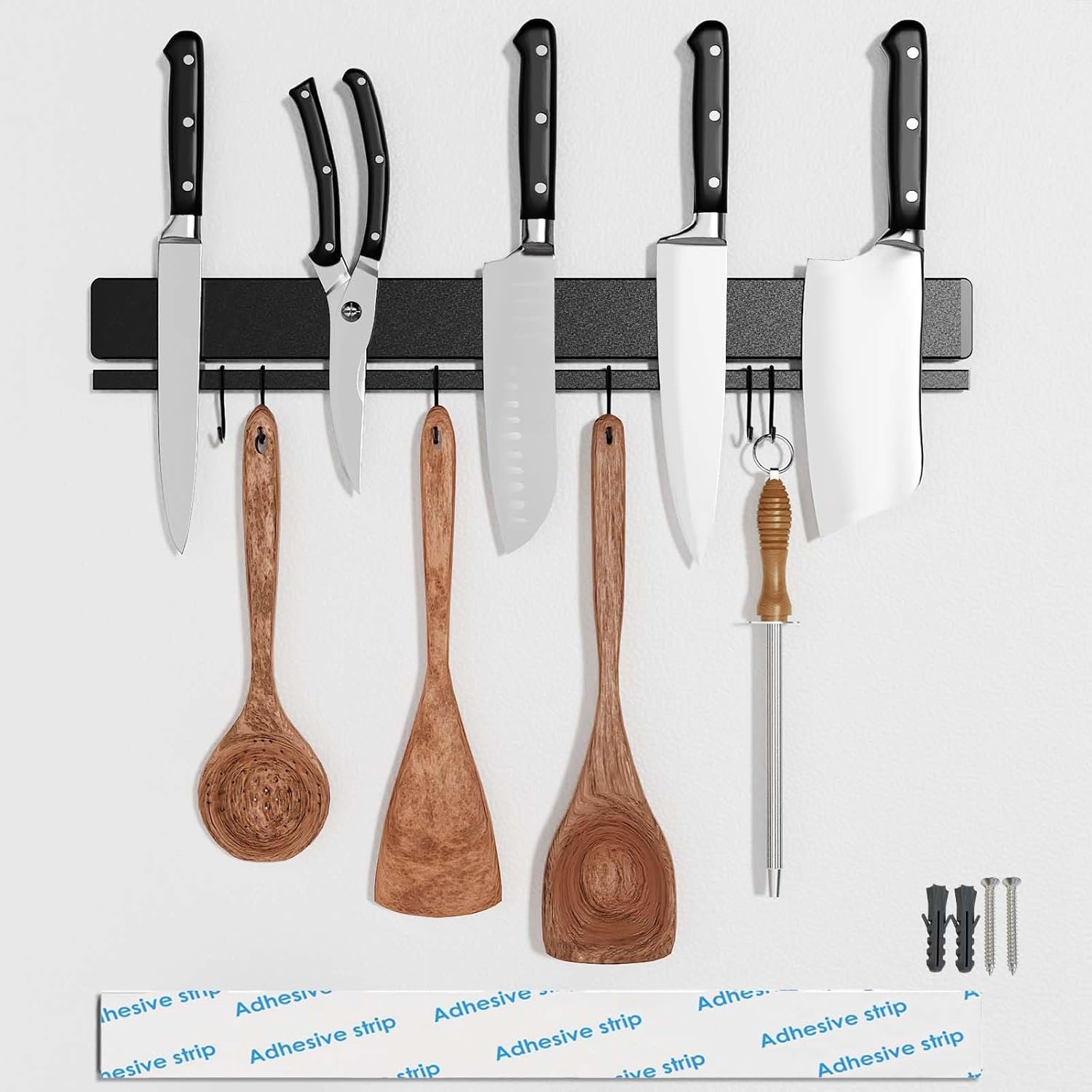 17 Inch Magnetic Knife Holder for Wall, Adhesive Knife Magnetic Strip No Drilling with 12 Hooks, Powerful Magnetic Knife Strip