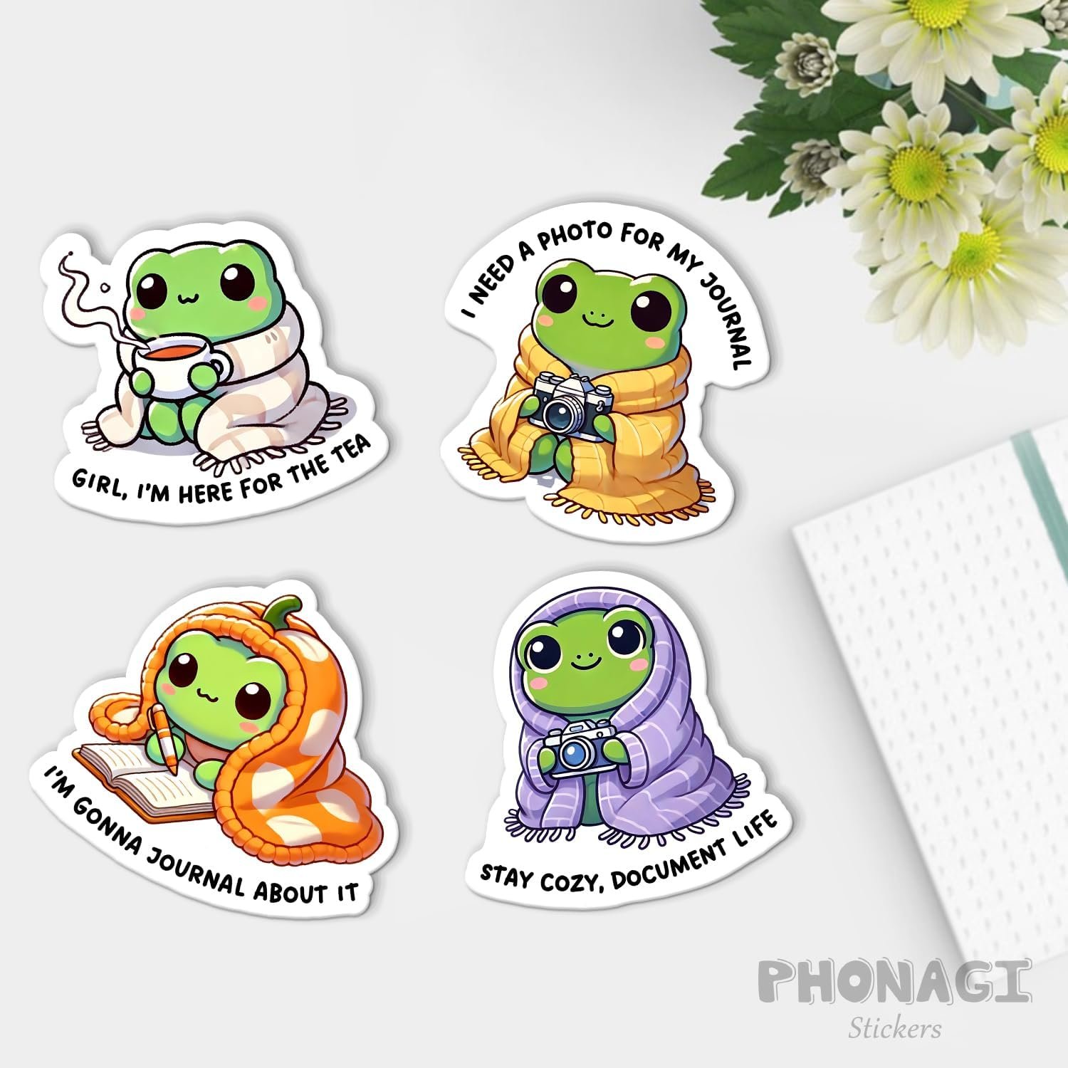 Waterproof 3" Aesthetic Frog Sticker Set for Laptop, Water Bottle, Scrapbook & Gift - 图片 2
