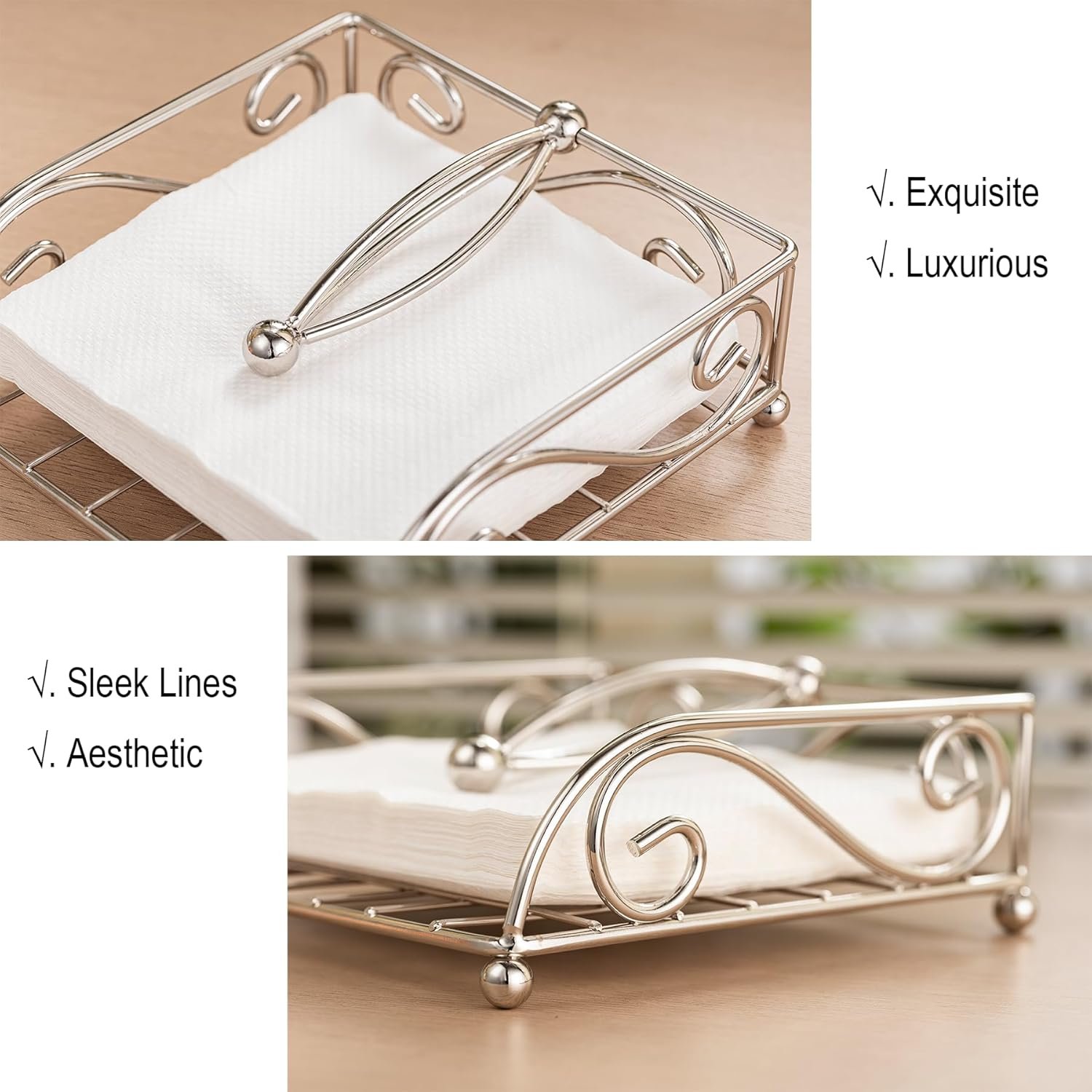 Napkin Holders for Table Metal Napkin Holder for Kitchen with Weight Arm Flat Napkin Dispenser Stainless Steel Lavish Home Hotel Decorative Holder Silver Chrome - 图片 2