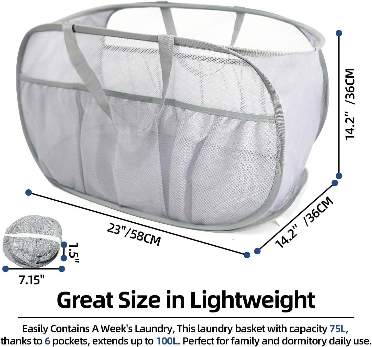 Foldable Laundry Basket Mesh Light Weight, Easy to Carry Clothes Hampers for Laundry, Dorm, Toys - 图片 2