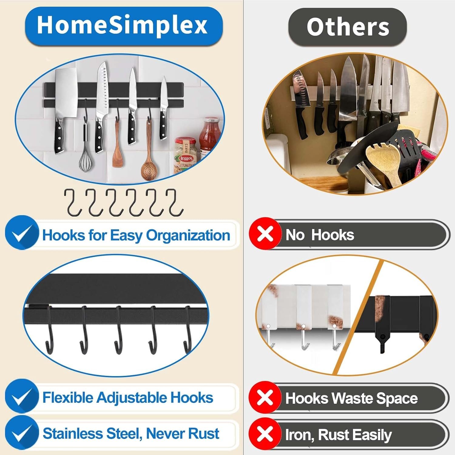 17 Inch Magnetic Knife Holder for Wall, Adhesive Knife Magnetic Strip No Drilling with 12 Hooks, Powerful Magnetic Knife Strip - 图片 2