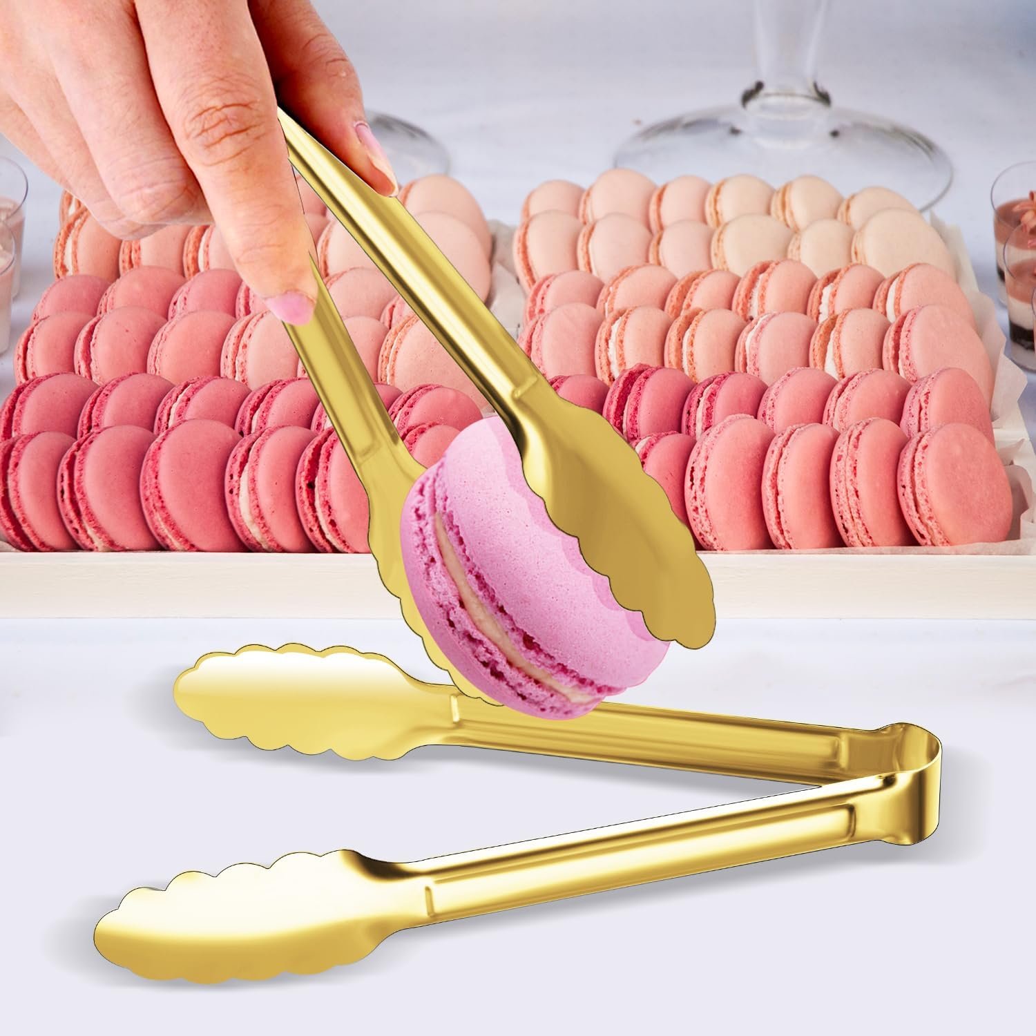 4 Pack Gold Serving Tongs XEVOM Buffet Tongs Serving Utensils Salad Tongs Stainless Steel Gold Plated Buffet Serving Tongs - 图片 2