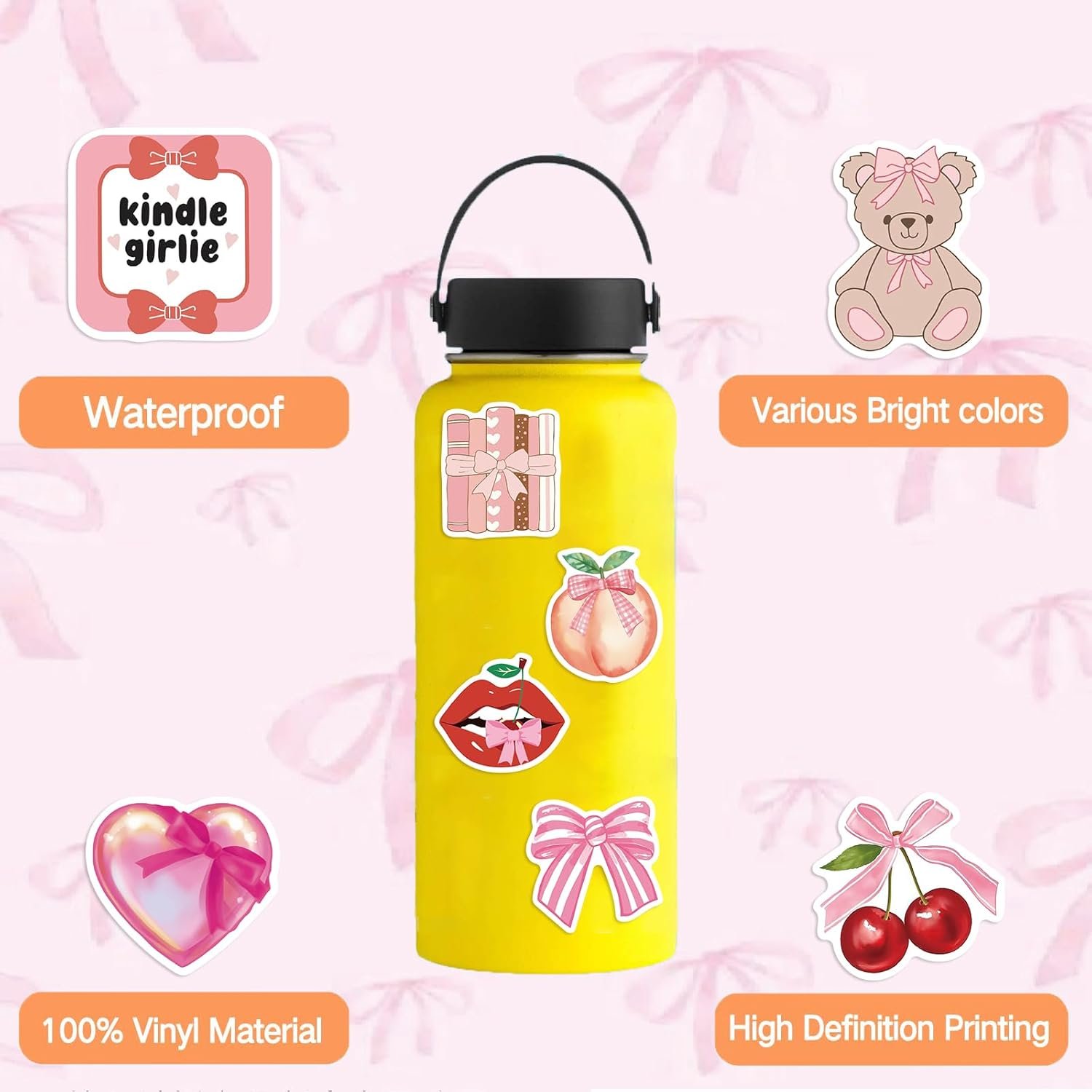 100PCS Coquette Stickers Pink Aesthetic Stickers Pack Cute Bow Tie Stickers for Girls Pink Sticker for Laptop Vinyl Waterproof Sticker Aesthetic Decals - 图片 4