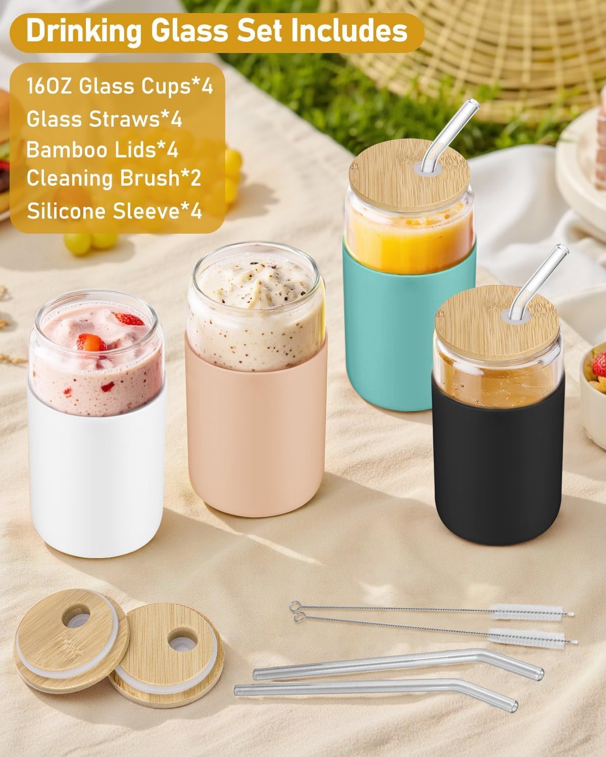 4 Pack 16OZ Iced Coffee Cups with Silicone Sleeve, Glass Tumbler with Straw and Bamboo Lid, Home Essential Drinking Set for Juice - 图片 2