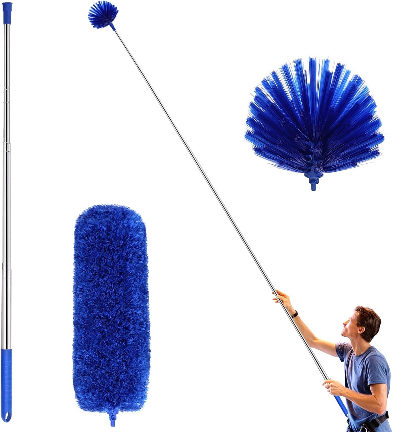 Washable Cleaning Duster Kit with 2 Duster Heads, Cobweb Duster, Corner Brush, Aluminum Telescoping Pole for Ceiling Fan