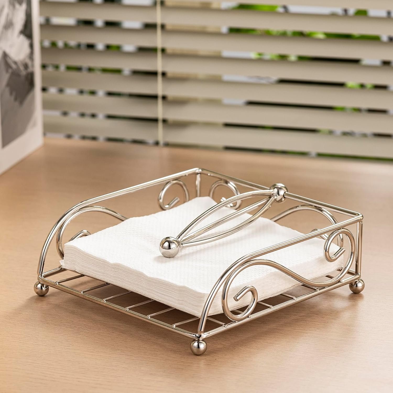 Napkin Holders for Table Metal Napkin Holder for Kitchen with Weight Arm Flat Napkin Dispenser Stainless Steel Lavish Home Hotel Decorative Holder Silver Chrome - 图片 4