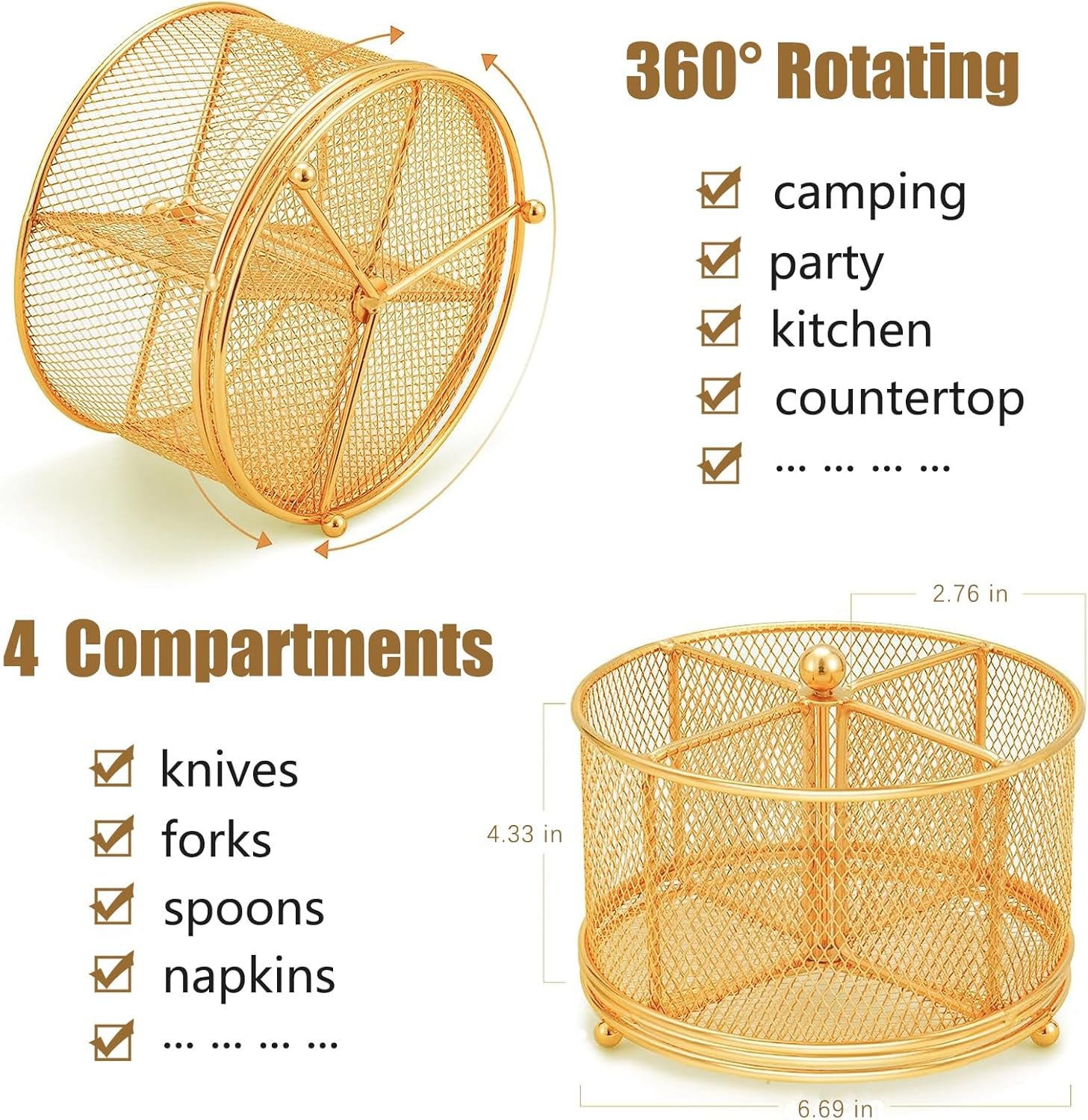 360° Rotating Metal Utensil Caddy - 4 Compartment Silverware Cutlery Holder Rotation Fork Spoon Napkin Organizer Flatware Storage Basket Party Countertop Buffet Picnic Camping Outdoor Gold - 图片 4