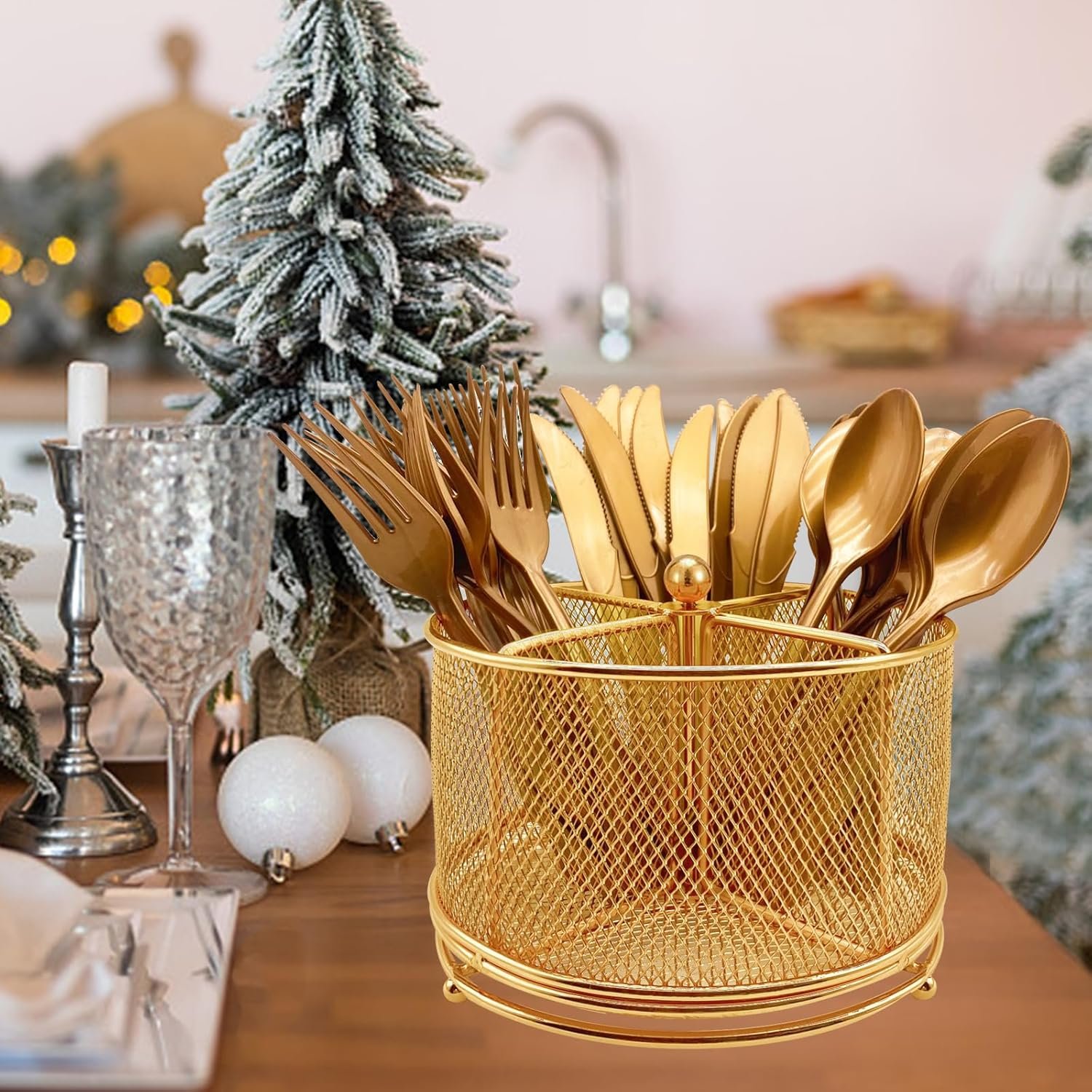 360° Rotating Metal Utensil Caddy - 4 Compartment Silverware Cutlery Holder Rotation Fork Spoon Napkin Organizer Flatware Storage Basket Party Countertop Buffet Picnic Camping Outdoor Gold - 图片 2