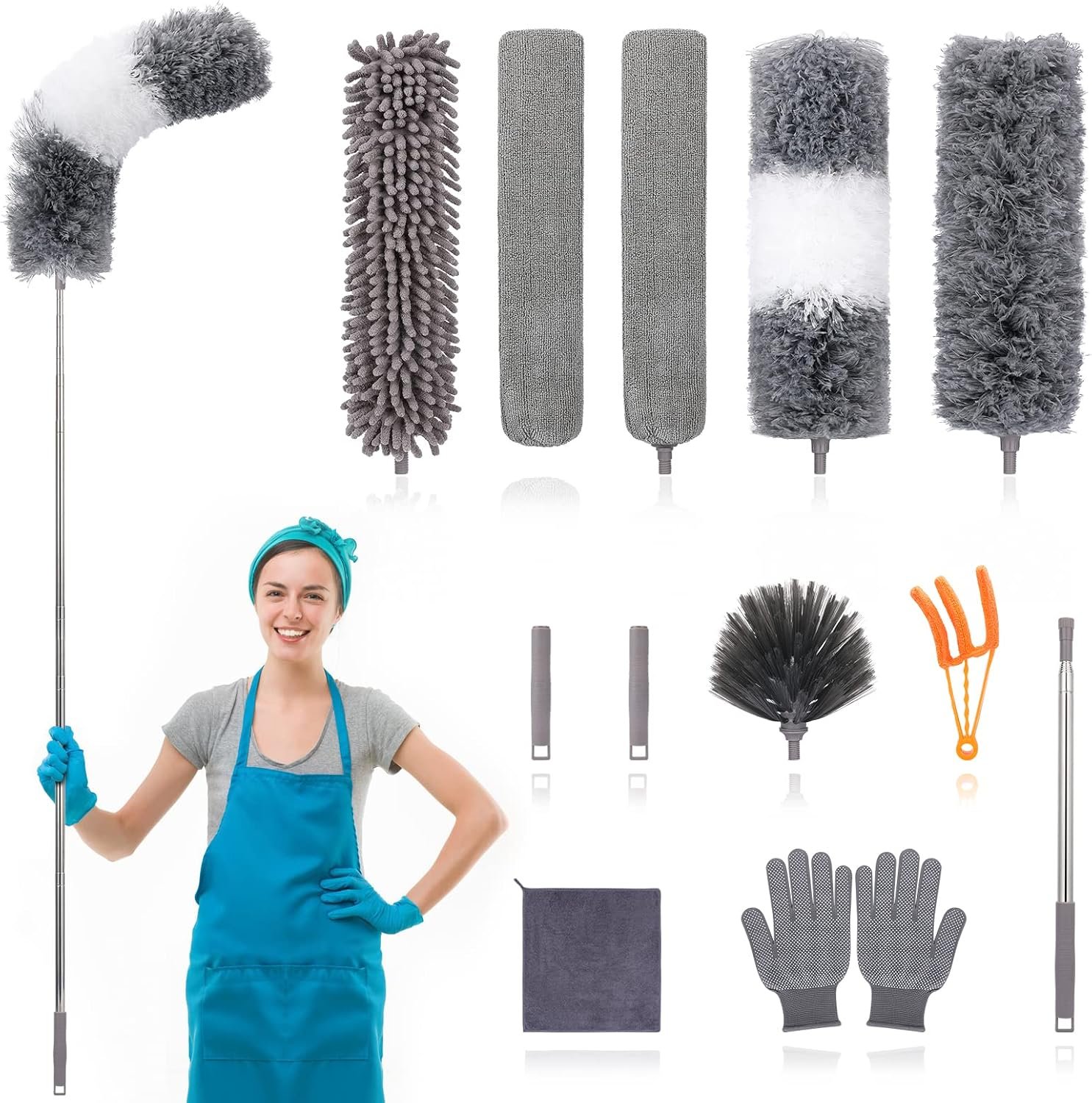 Washable Dusters, Bendable Extendable Long Feather Duster for Cleaning Fan, High Ceiling, Blinds, Furniture, Cars