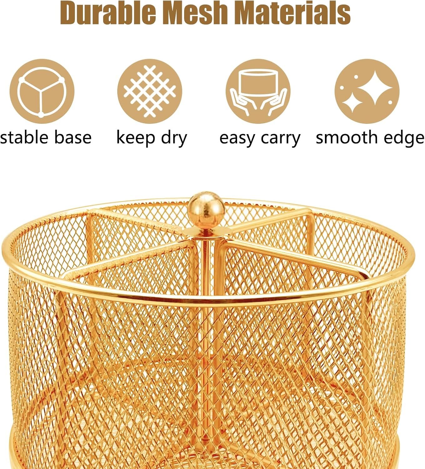 360° Rotating Metal Utensil Caddy - 4 Compartment Silverware Cutlery Holder Rotation Fork Spoon Napkin Organizer Flatware Storage Basket Party Countertop Buffet Picnic Camping Outdoor Gold